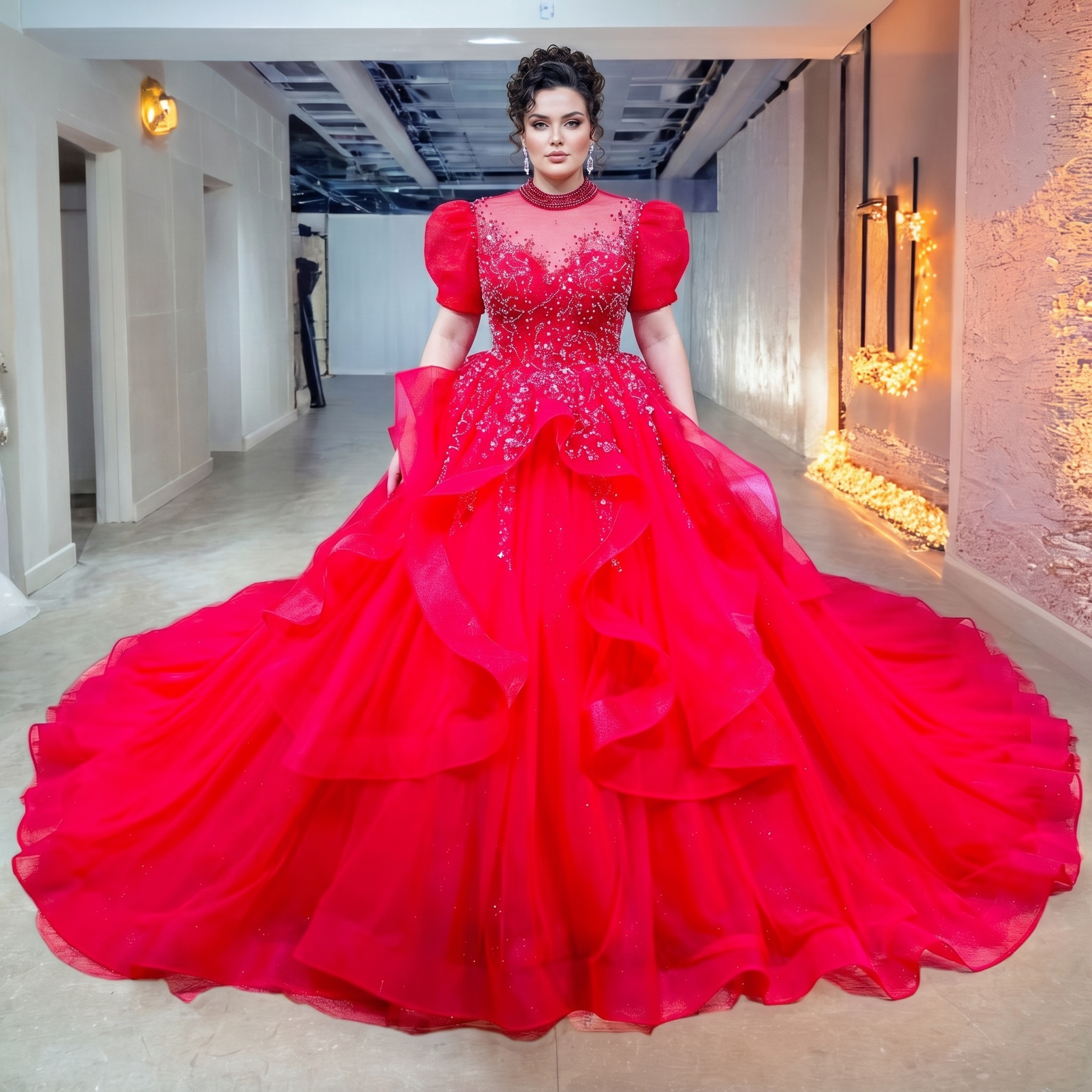Front view of a plus-size bridal model wearing a vibrant red high-neck sequined ball gown featuring short puff sleeves and a tiered ruffled tulle skirt.