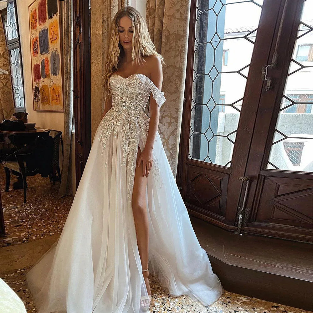 Sevintage Boho Wedding Dress Crystal Beading Off the Shoulder Lace App – Elsi John