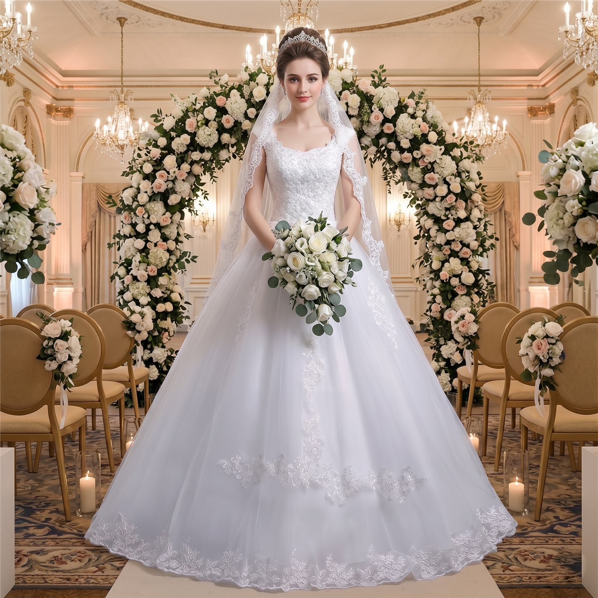 A bride in a romantic A-line lace wedding dress standing beneath a floral arch at a formal wedding ceremony.