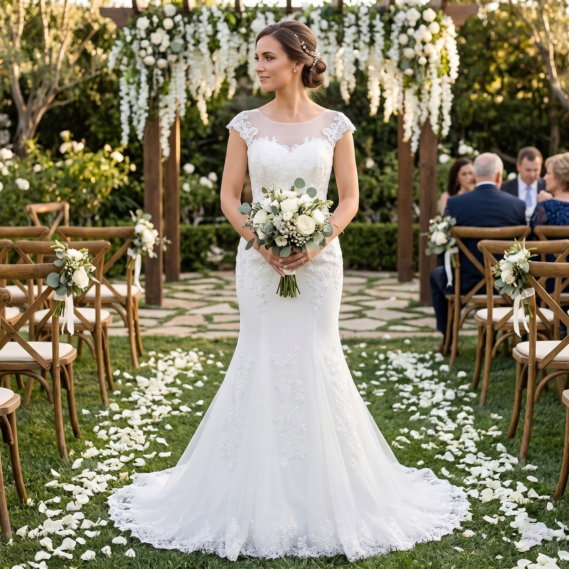 A beautiful bride in a white, cap-sleeve mermaid wedding dress with delicate lace appliques, standing at an elegant evening reception.