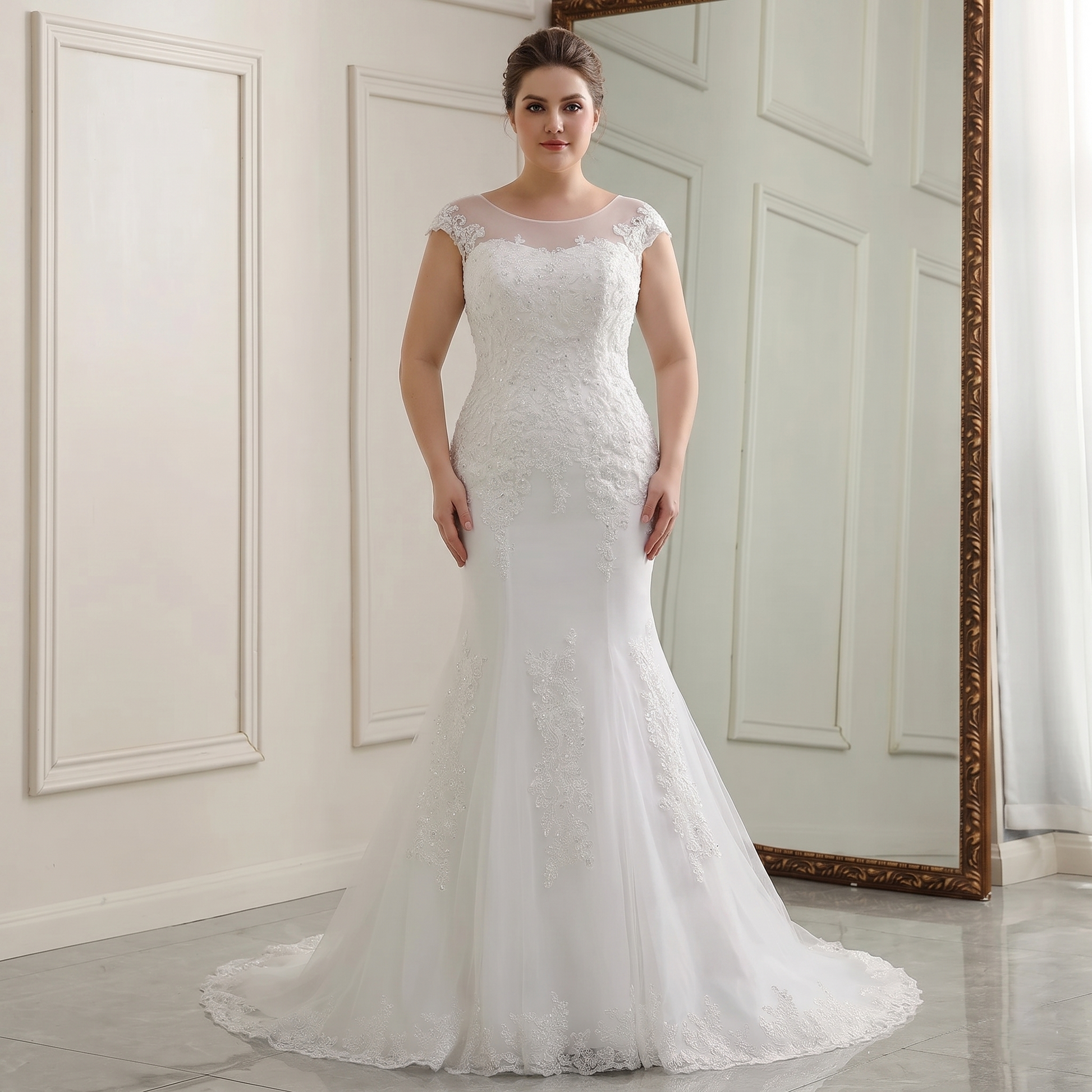 Full-length front view of a white, cap-sleeve mermaid wedding gown with intricate floral lace detailing and a flowing skirt.