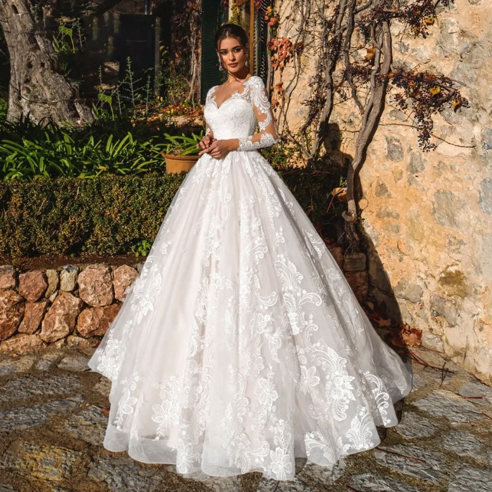 Sexy Illusion Long Sleeve A-Line Vintage Wedding Dress Scoop Neck Appl – Elsi John