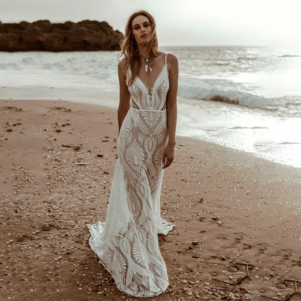 Sexy Lace V Neck Beach Mermaid Wedding Dress Spaghetti Straps Backless – Elsi John