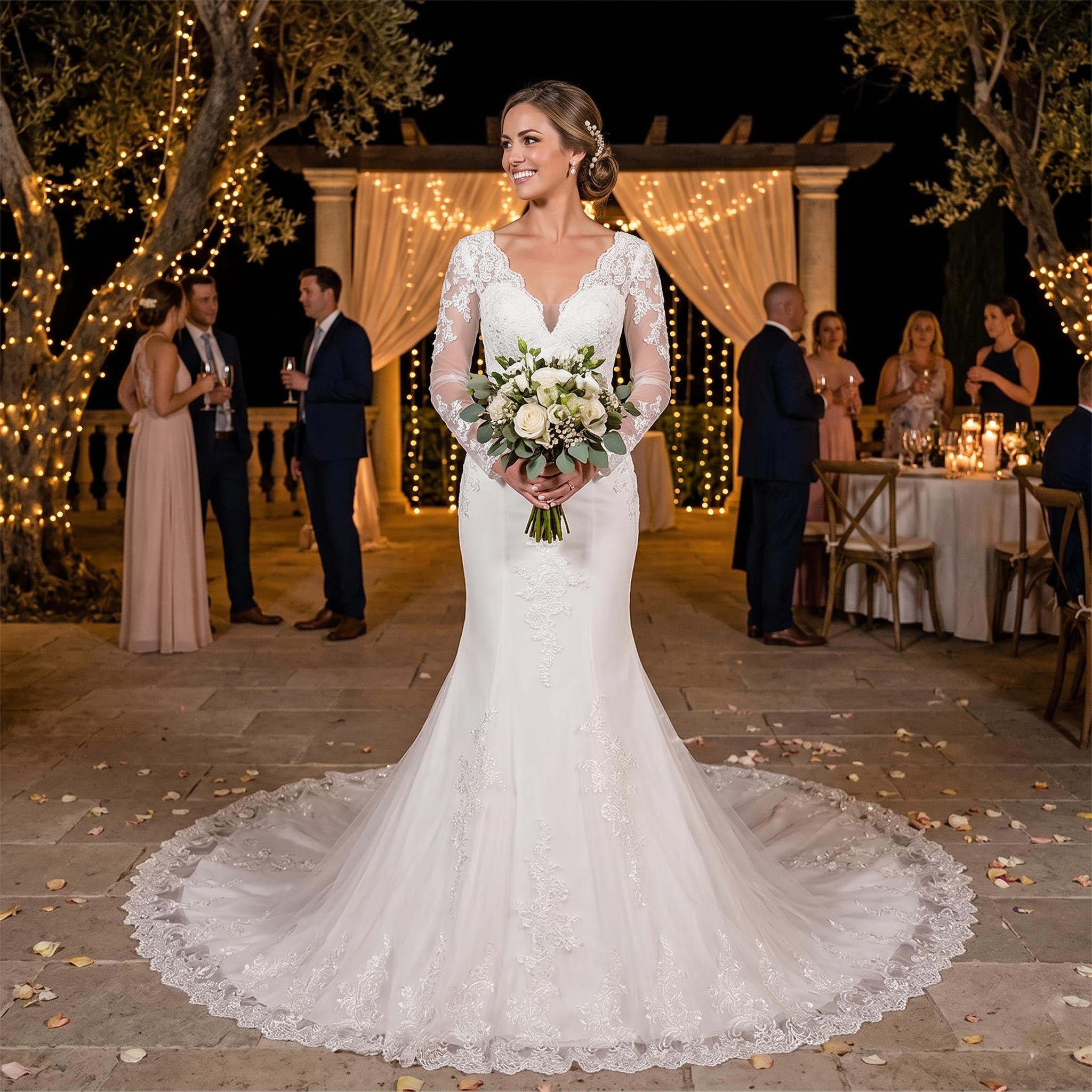 A beautiful bride smiling in a long-sleeved mermaid wedding dress with intricate lace appliques, posing at an elegant outdoor evening reception.
