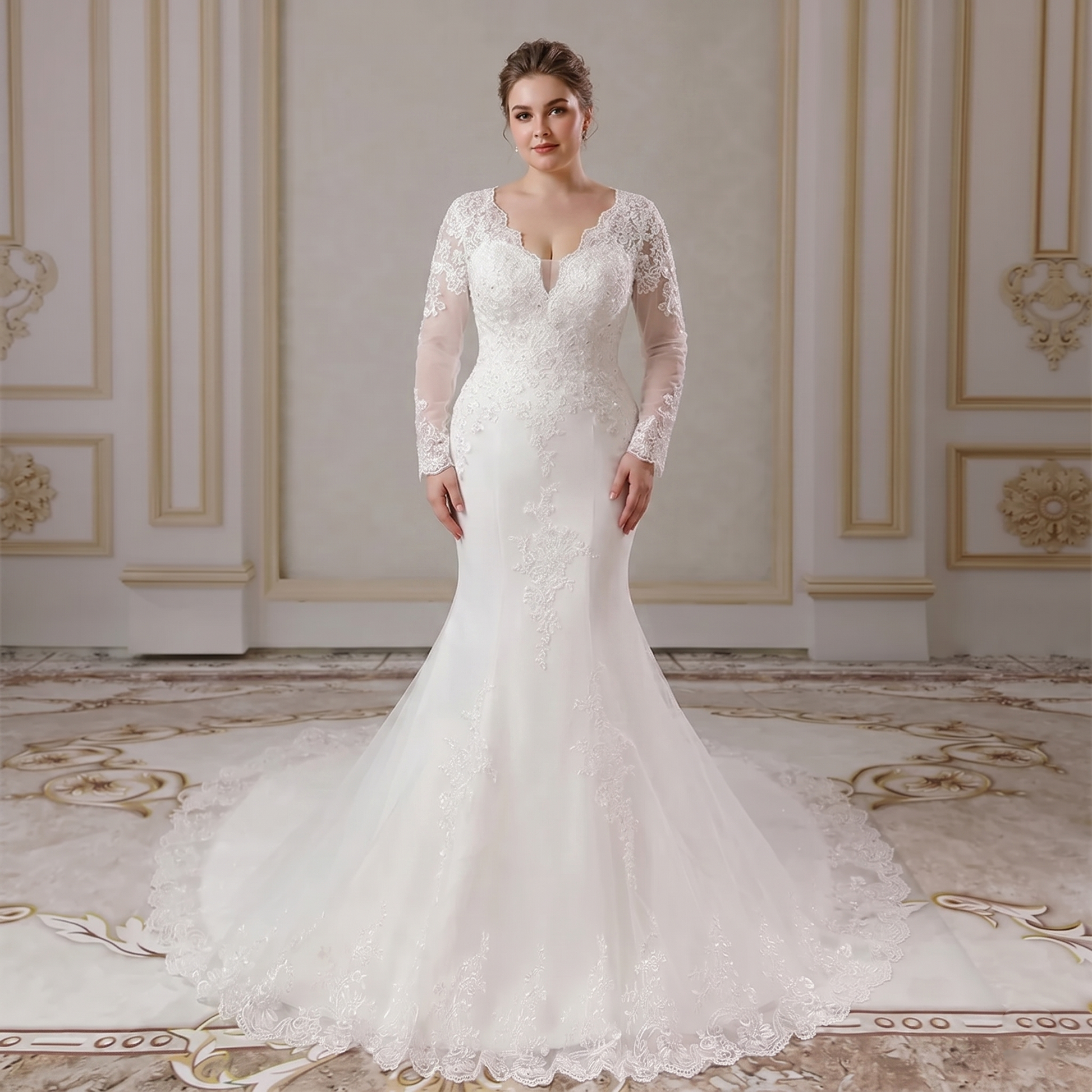 Front view of a bride modeling a stunning long-sleeved mermaid bridal gown featuring a V-neckline, delicate lace appliques, and a sweeping train.