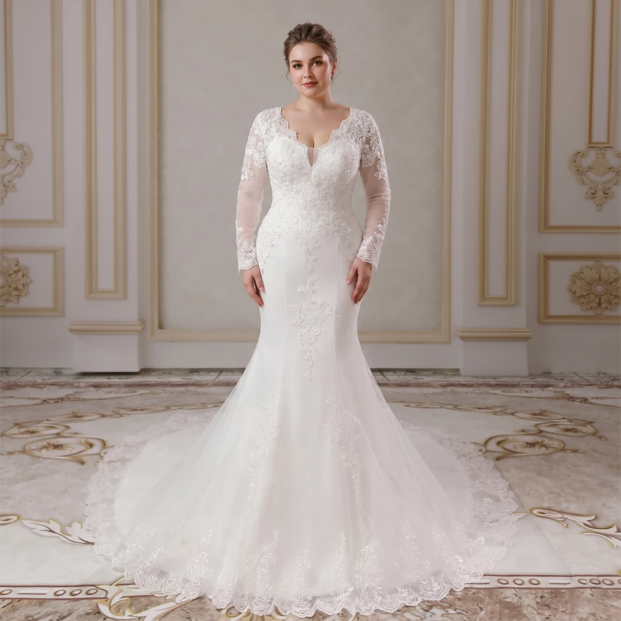 Front view of a bride modeling a stunning long-sleeved mermaid bridal gown featuring a V-neckline, delicate lace appliques, and a sweeping train.