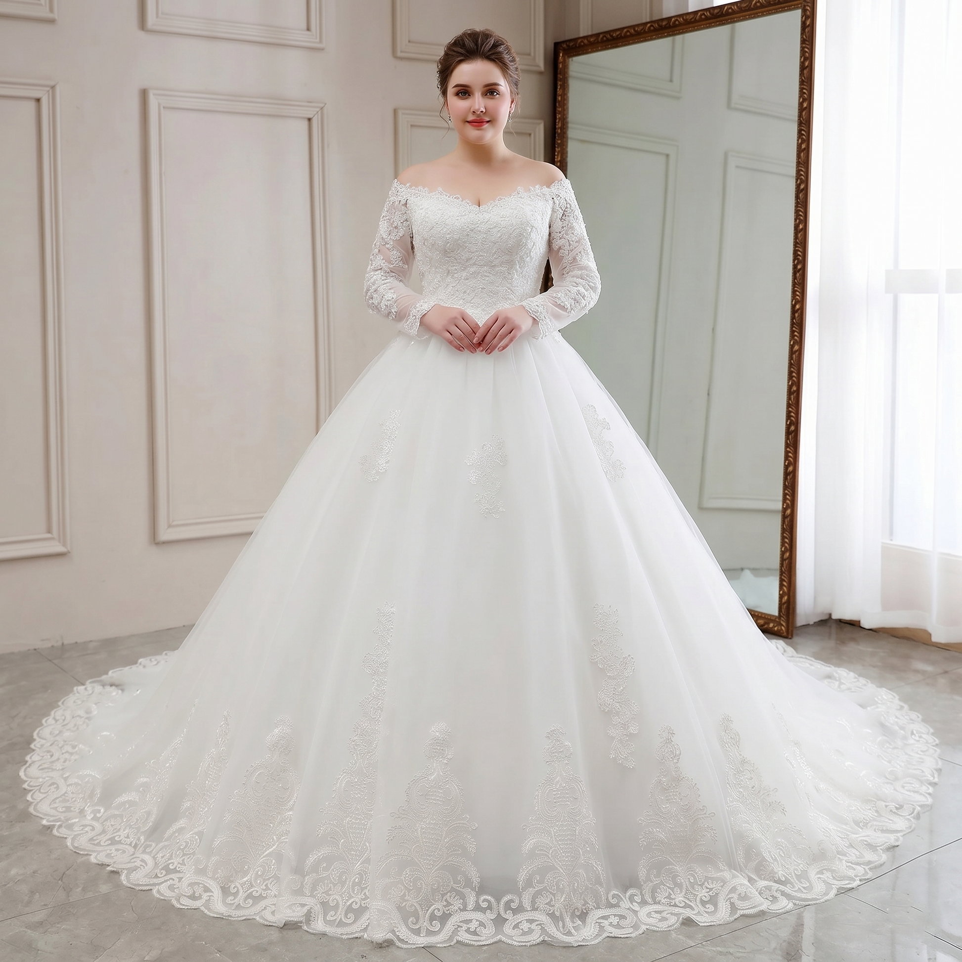 A beautiful bride posing in a luxury long-sleeve, off-shoulder lace bridal gown with a full skirt and intricate sequin detailing.