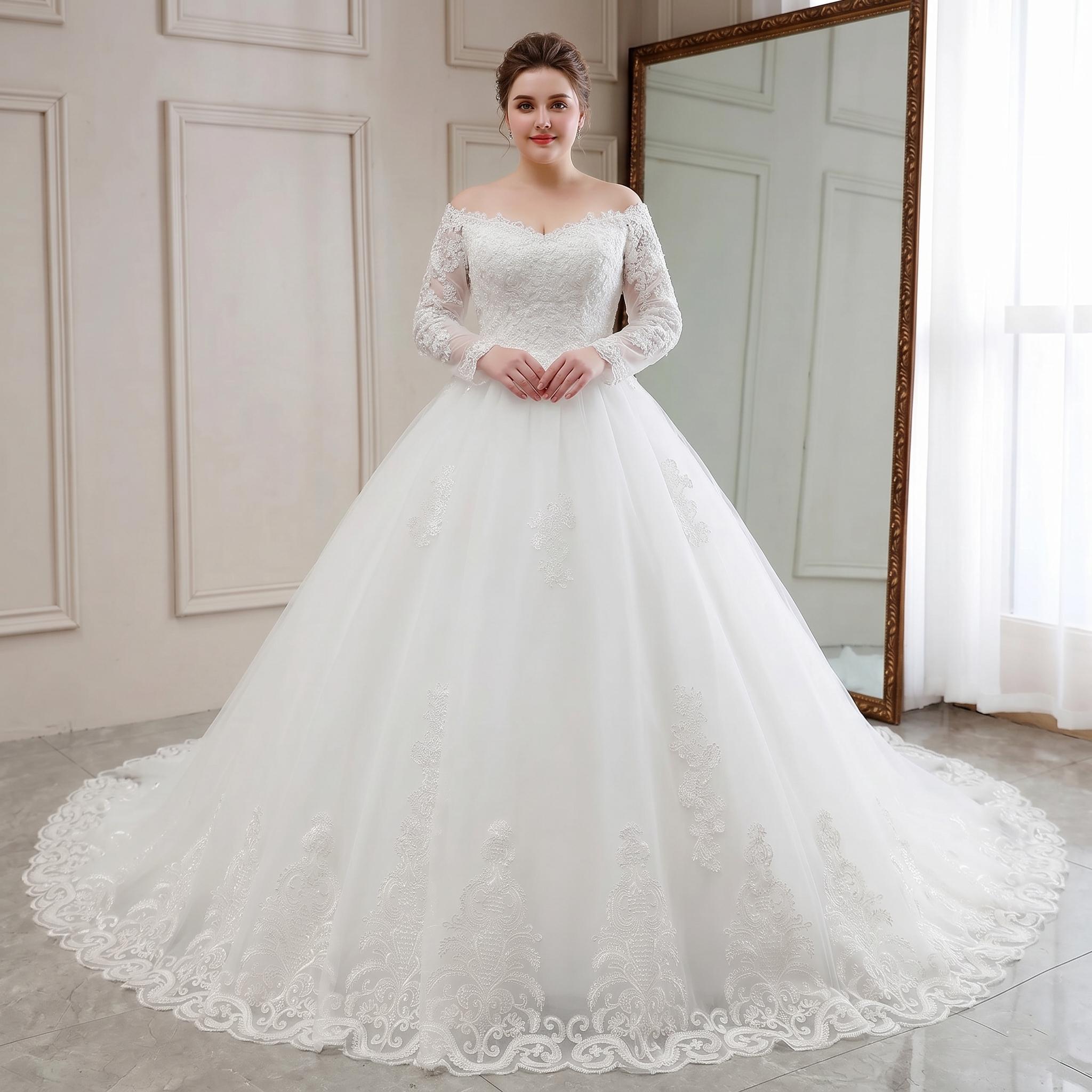 A beautiful bride posing in a luxury long-sleeve, off-shoulder lace bridal gown with a full skirt and intricate sequin detailing.