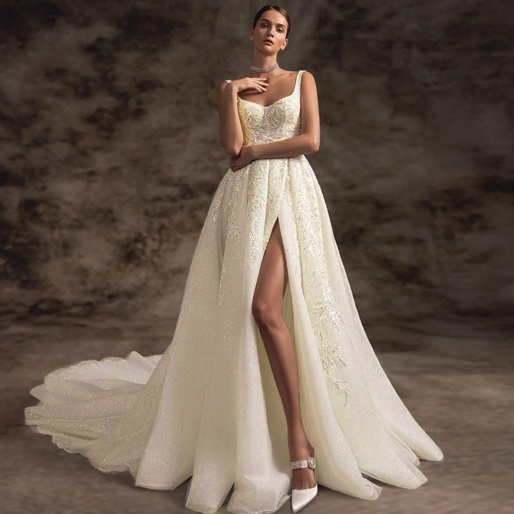 Sexy Slit A-Line Vintage Wedding Dress Luxury Spaghetti Straps Backles – Elsi John