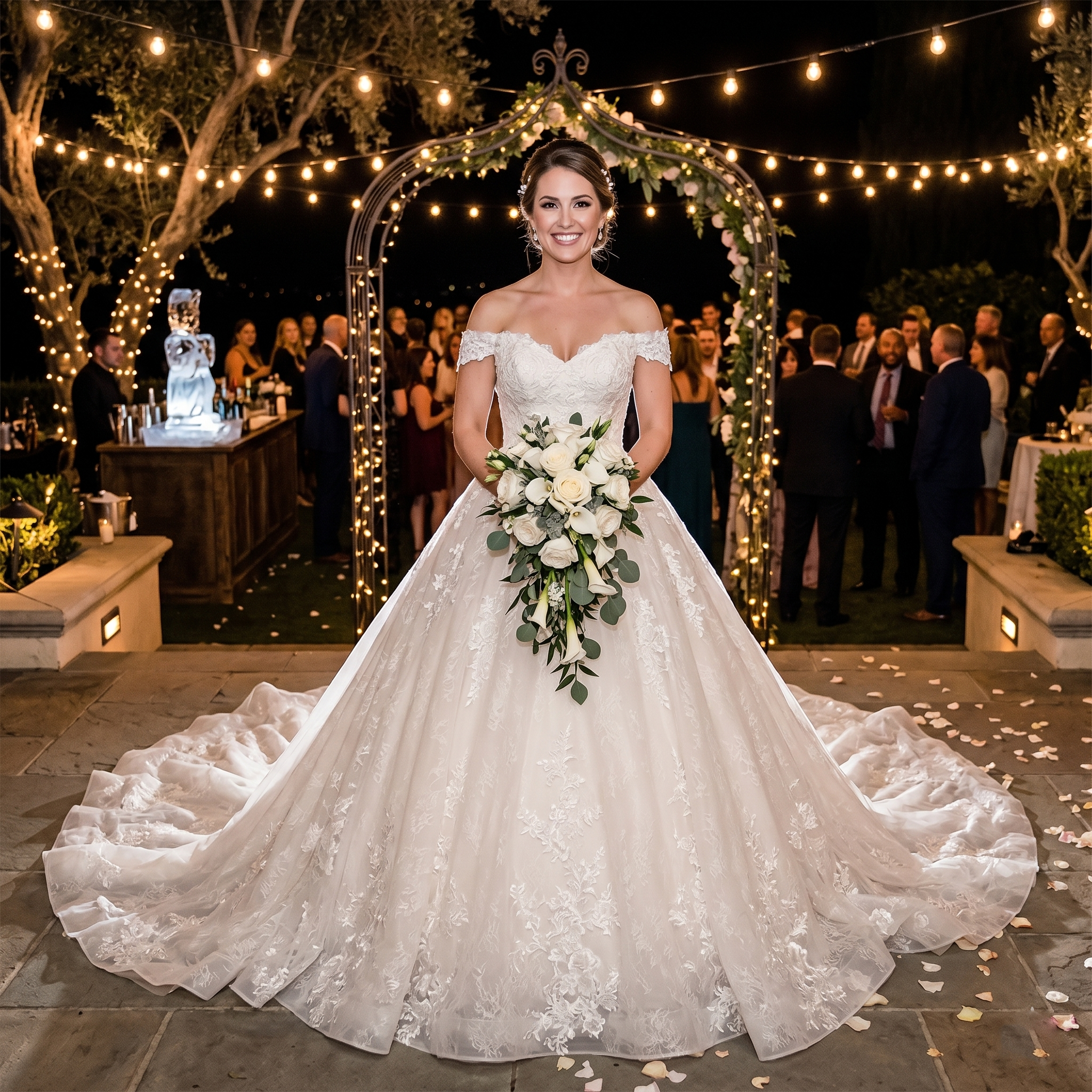A beautiful bride standing in an outdoor venue at night, wearing a sexy sweetheart ball gown wedding dress with intricate lace applique and beaded flowers, complete with a chapel train.