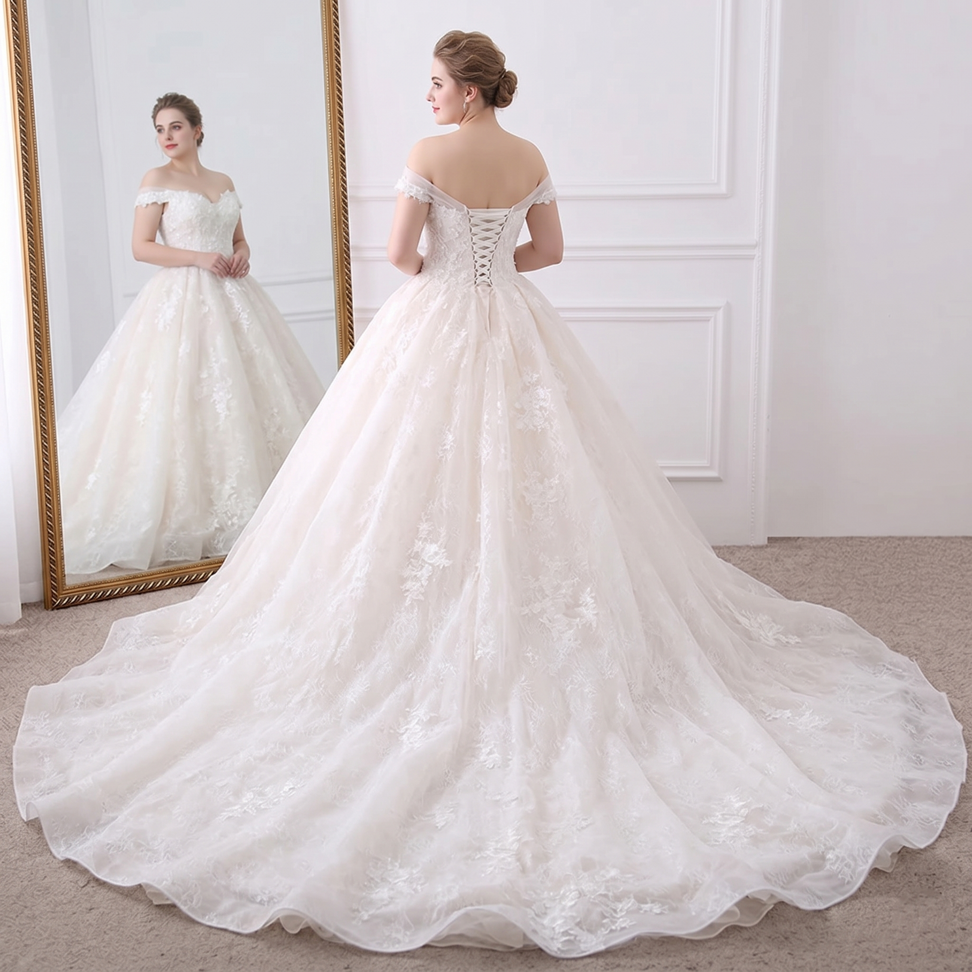 Rear view of an elegant ball gown wedding dress in a studio, featuring a lace-up corset back, intricate applique embroidery, and a grand chapel train.
