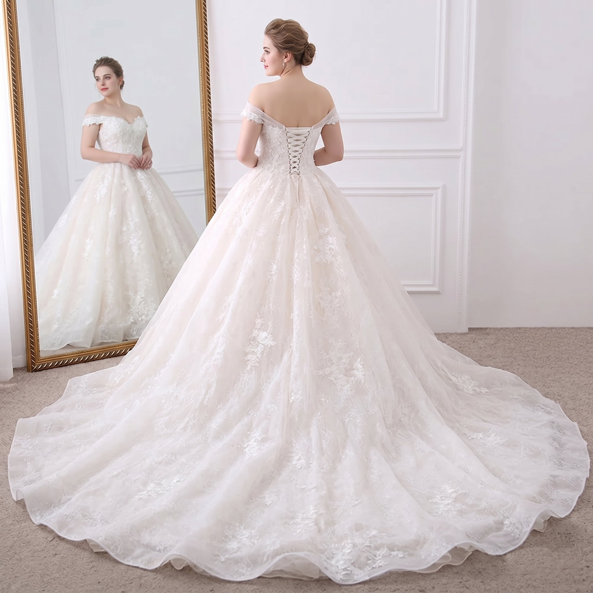 Rear view of an elegant ball gown wedding dress in a studio, featuring a lace-up corset back, intricate applique embroidery, and a grand chapel train.
