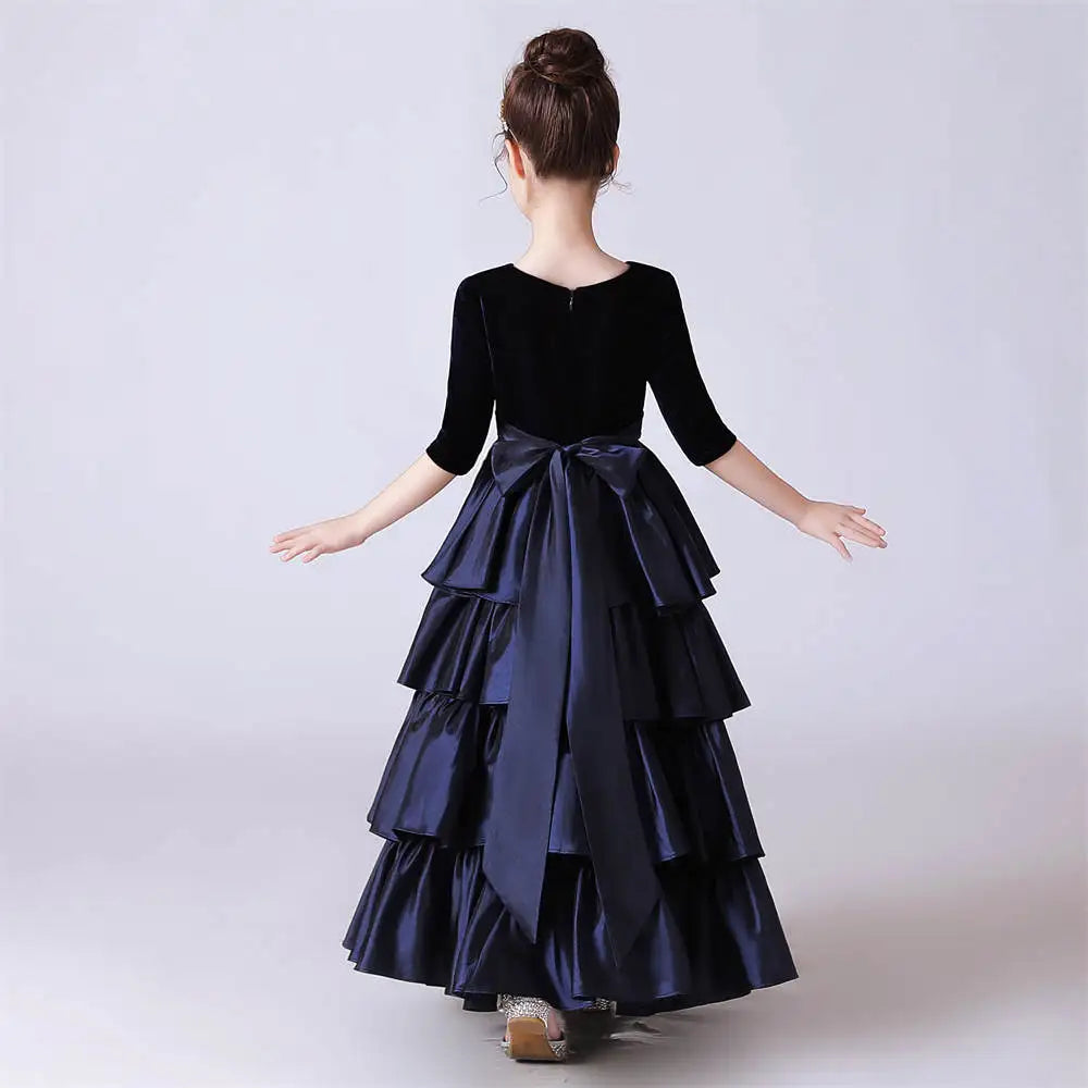 Satin Tiered Half Sleeve Bridesmaid Girls Dress