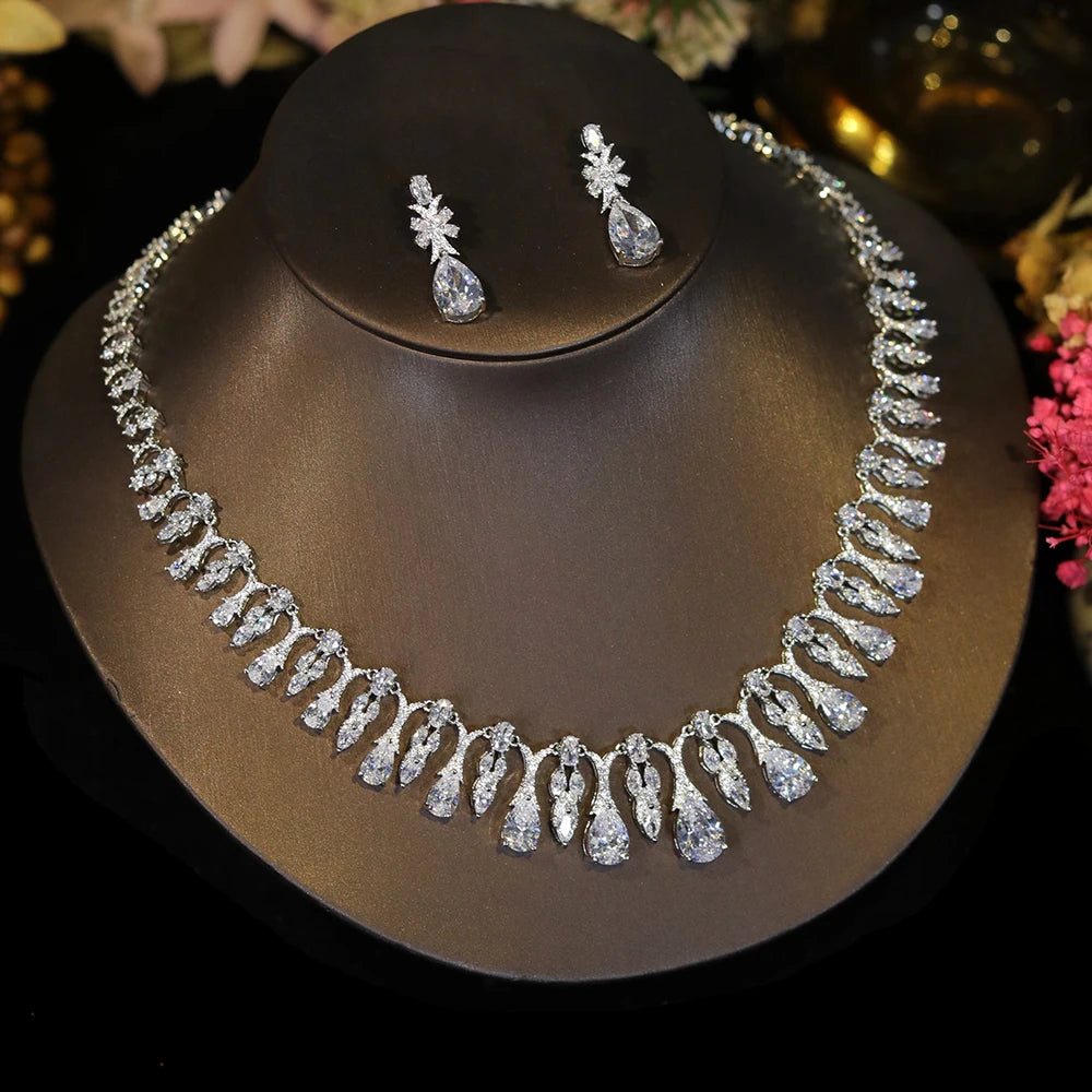 Luxury White CZ Water Drop Necklace Set – Elegant Jewelry for Women