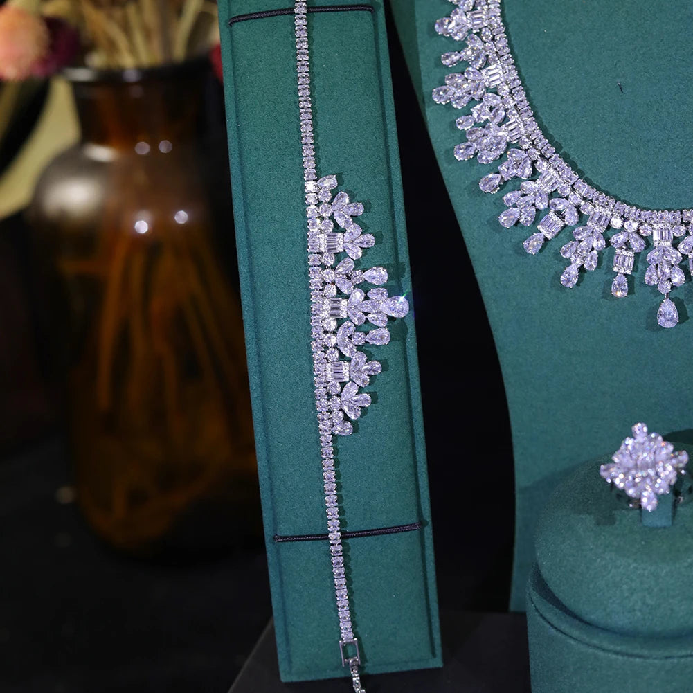 Bridal 4Pcs White Zirconia Jewelry Set – Necklace, Earrings, Ring & Bracelet