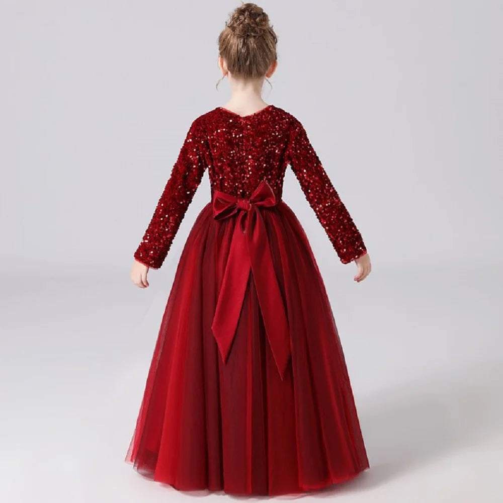 Glitter Sequins Long Sleeves Flower Girls Dress Party Gown