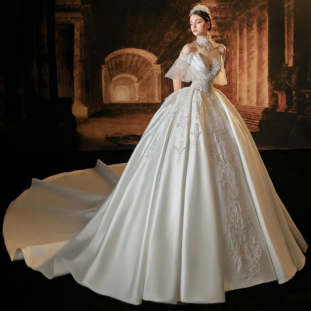 boat neck satin wedding dress Elegant Satin Wedding Dress Short Sleeves Boat Neck Lace-Up Bow – Elsi John