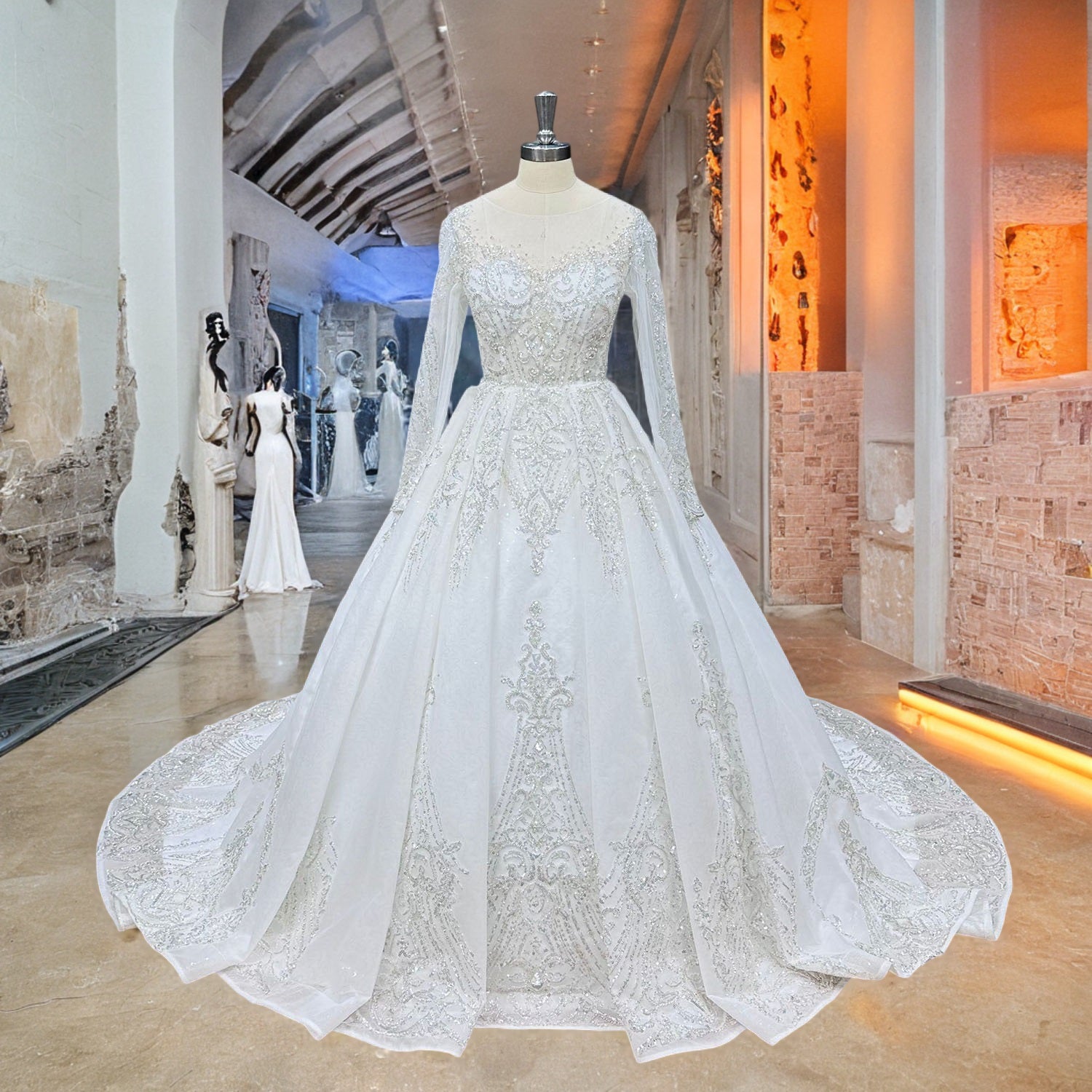 A shining sequined long sleeve ball gown wedding dress displayed on a mannequin within a bright, luxury bridal showroom corridor.