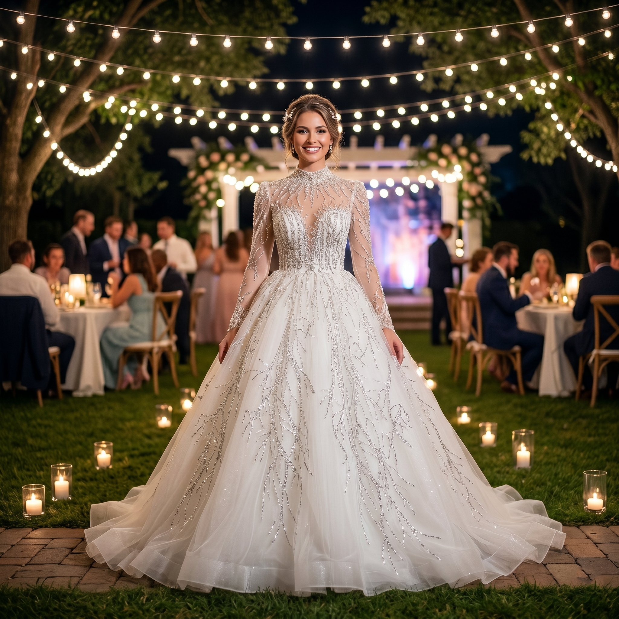 Smiling bride wearing a shining high neck long sleeve wedding dress with silver branch embroidery at an outdoor evening reception.