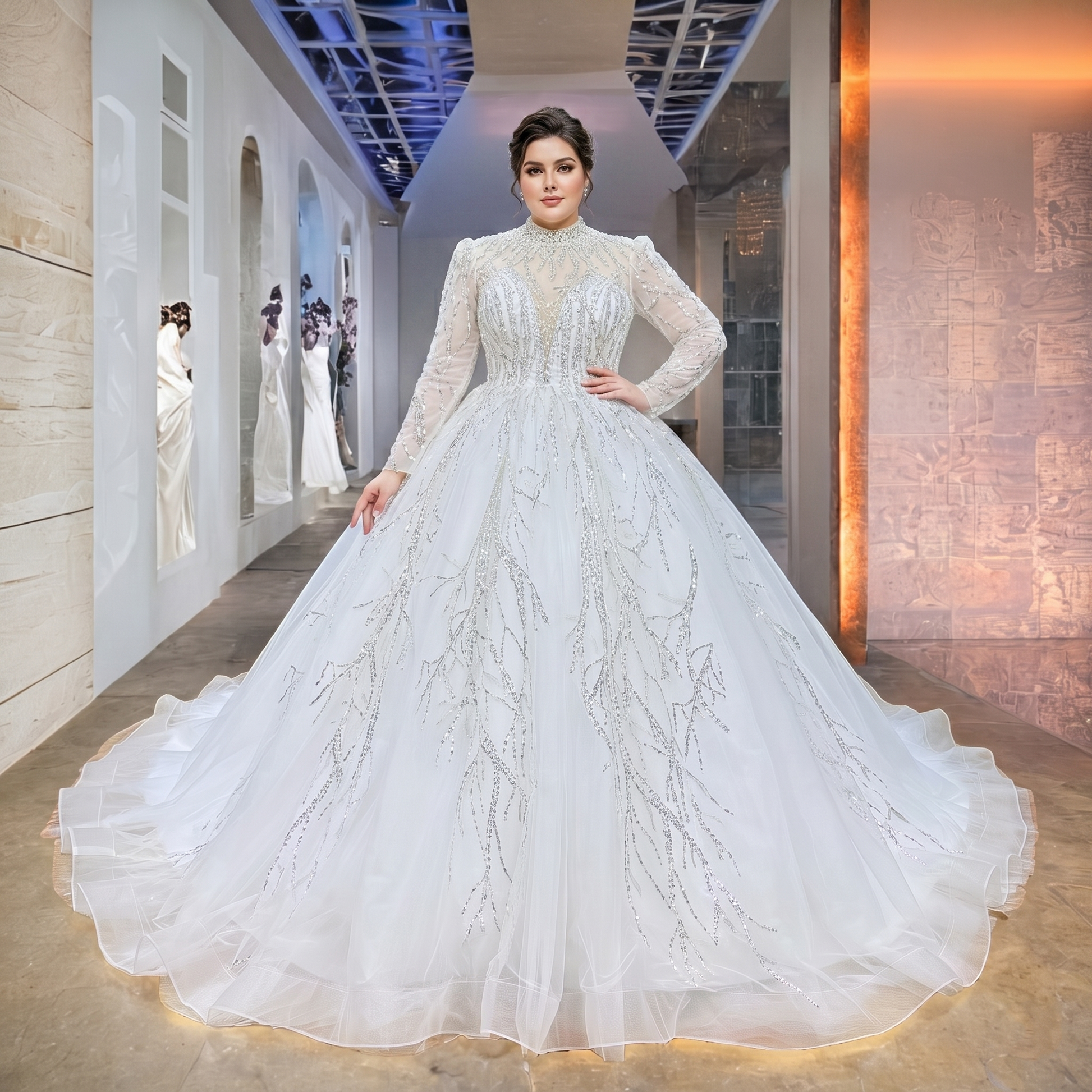 Plus-size model posing in a luxury high neck long sleeve bridal gown featuring a sparkling branching sequin pattern.