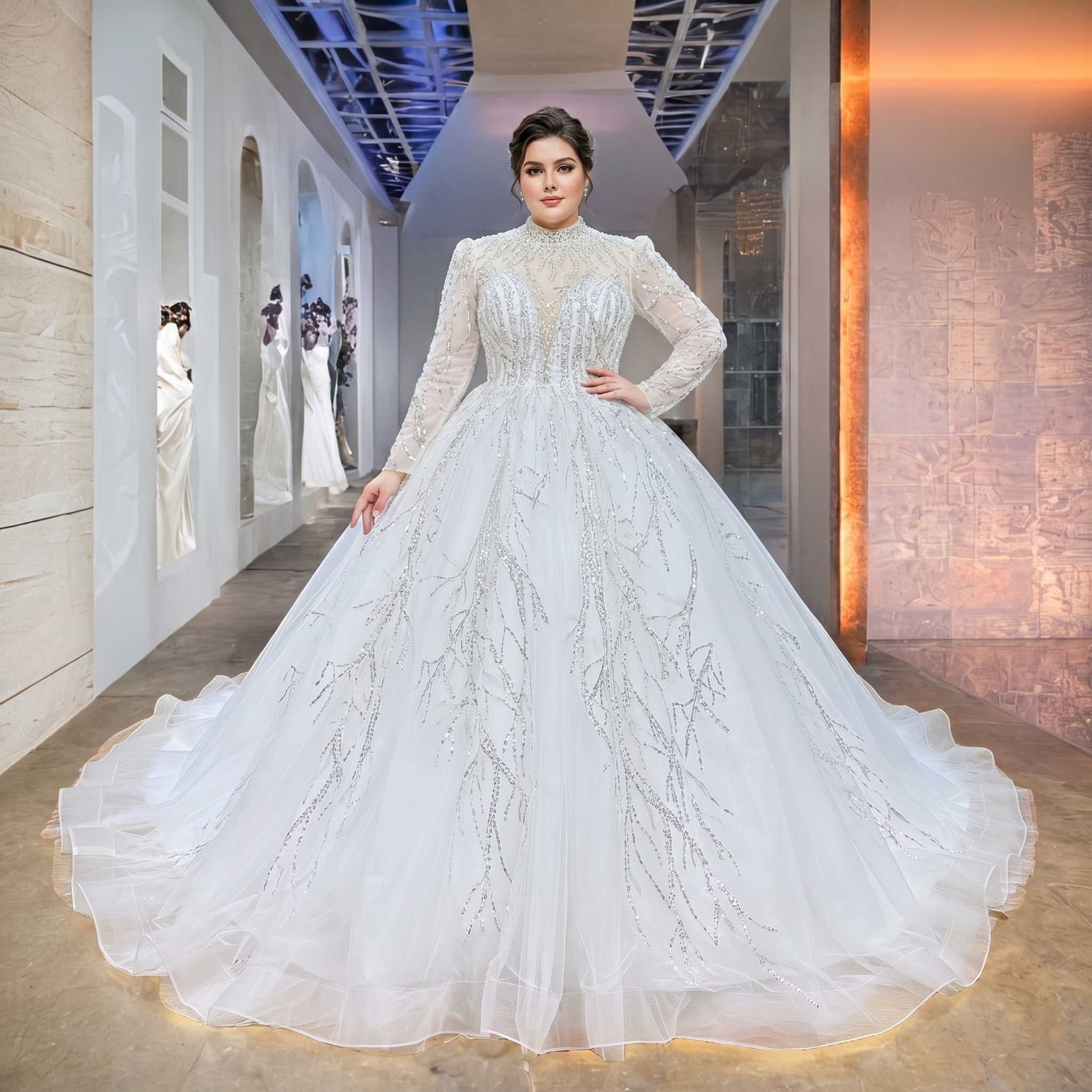 Plus-size model posing in a luxury high neck long sleeve bridal gown featuring a sparkling branching sequin pattern.