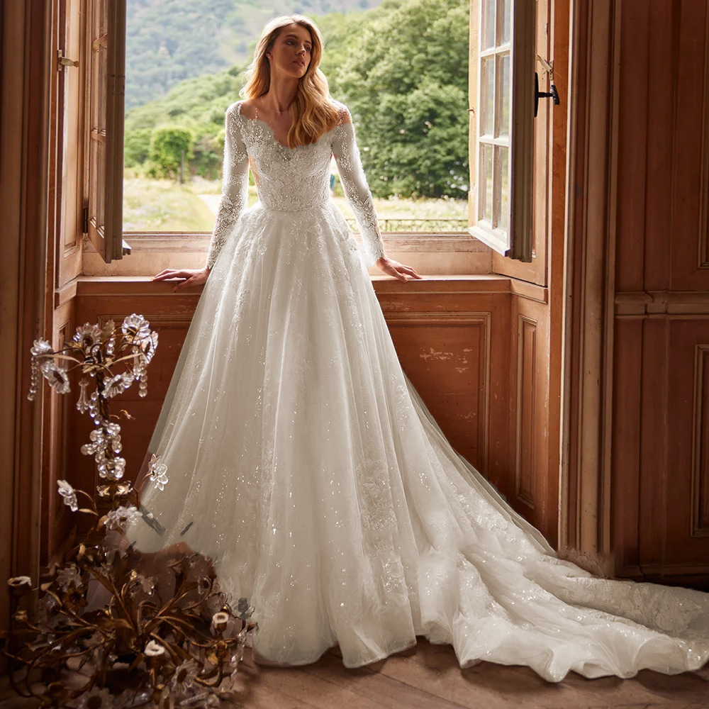 Shining Long Sleeve Wedding Dress with Beading and Appliques Luxury Ve – Elsi John