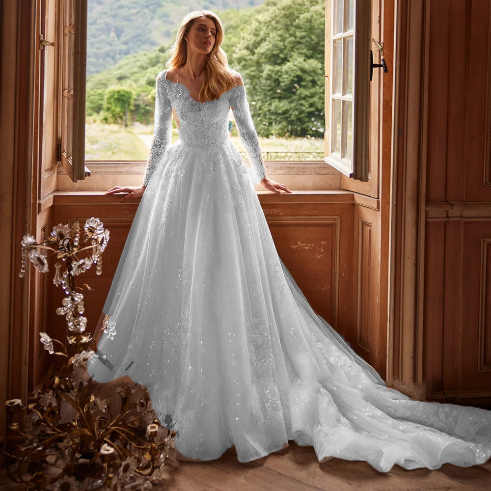 Shining Long Sleeve Wedding Dress with Beading and Appliques Luxury Ve – Elsi John