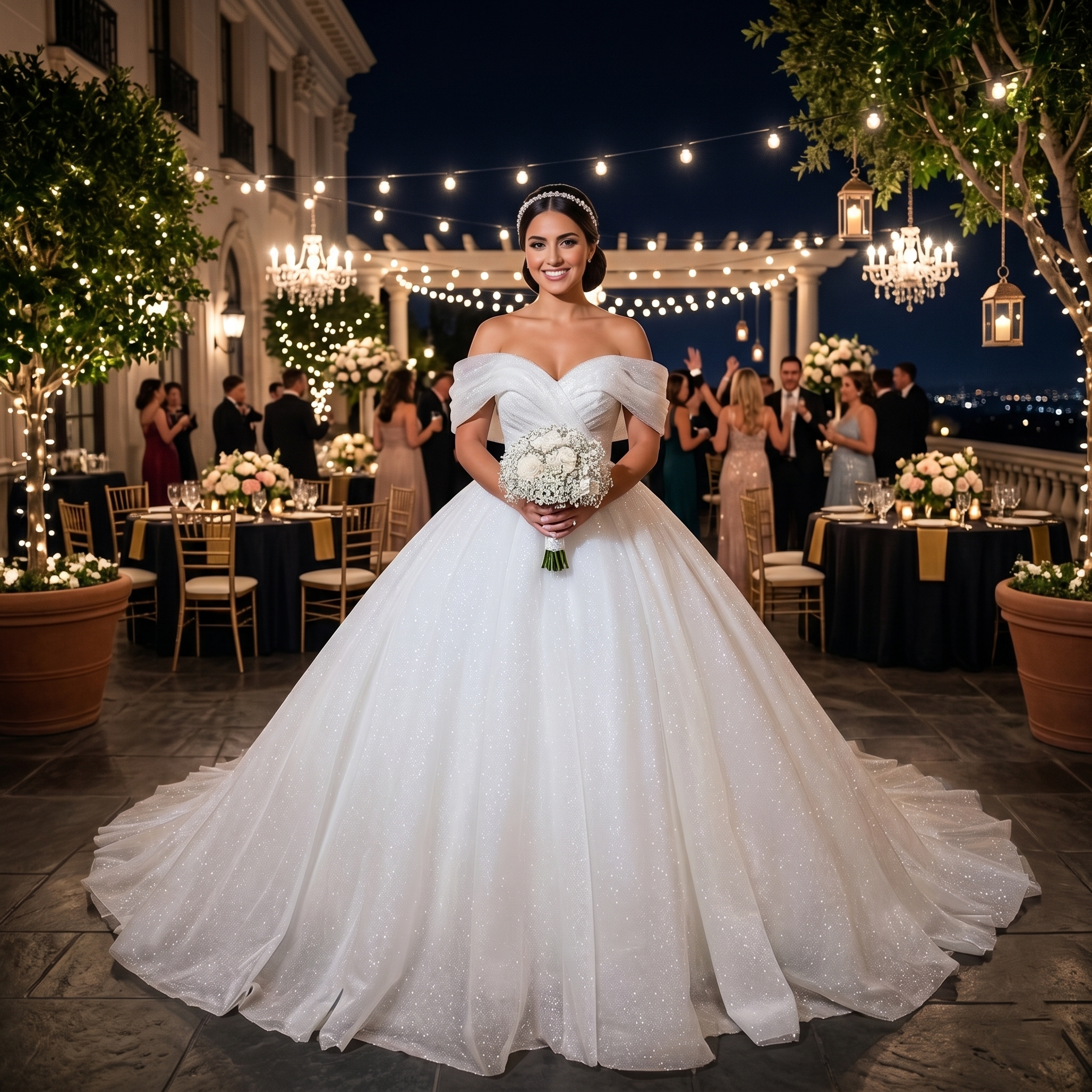 Smiling bride wearing a shining off-the-shoulder ball gown wedding dress with a pleated crossover neckline, holding a white bouquet at an evening reception with string lights.