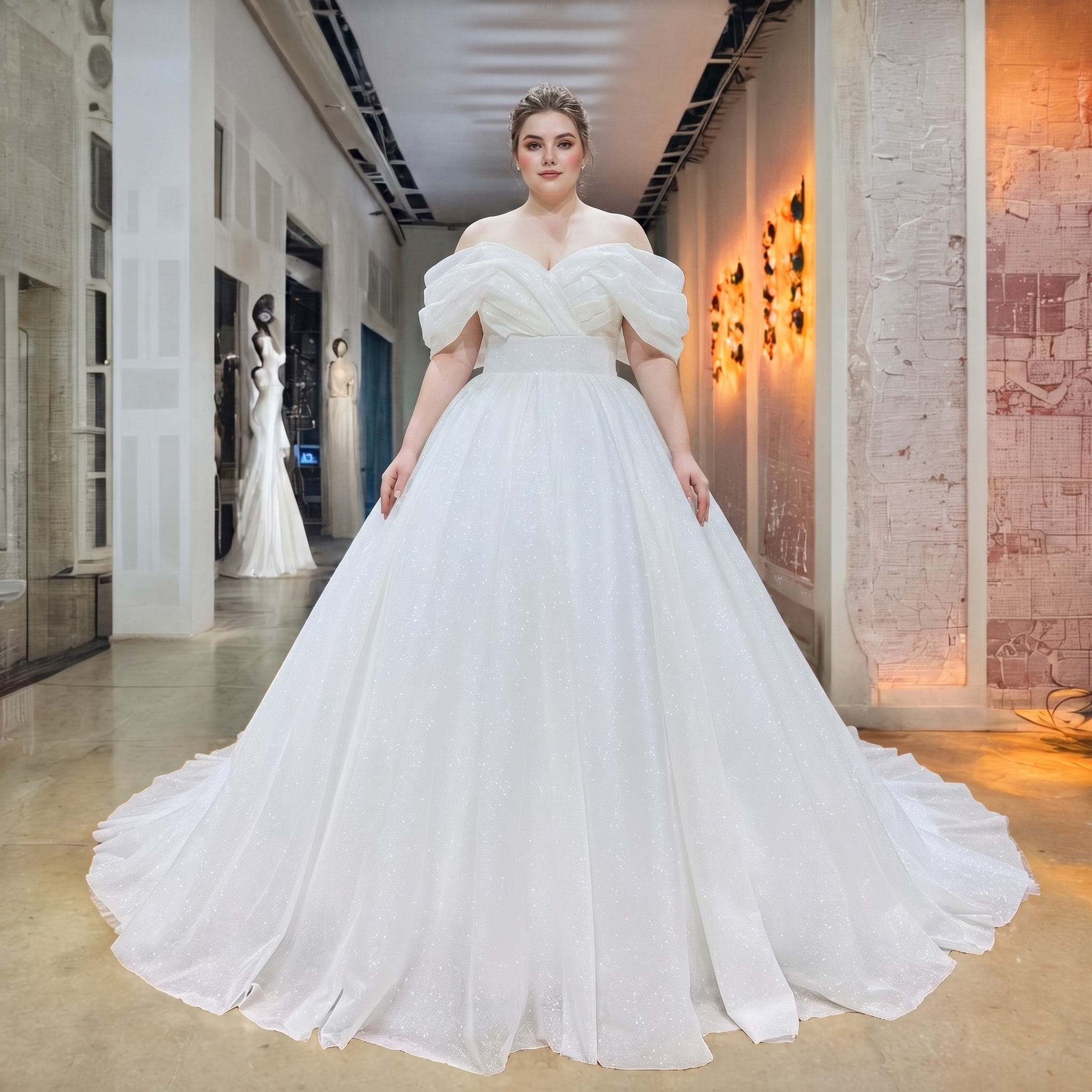 Full-length view of a plus-size model showcasing the sparkling off-the-shoulder wedding gown with a voluminous glitter tulle skirt inside a bridal boutique.