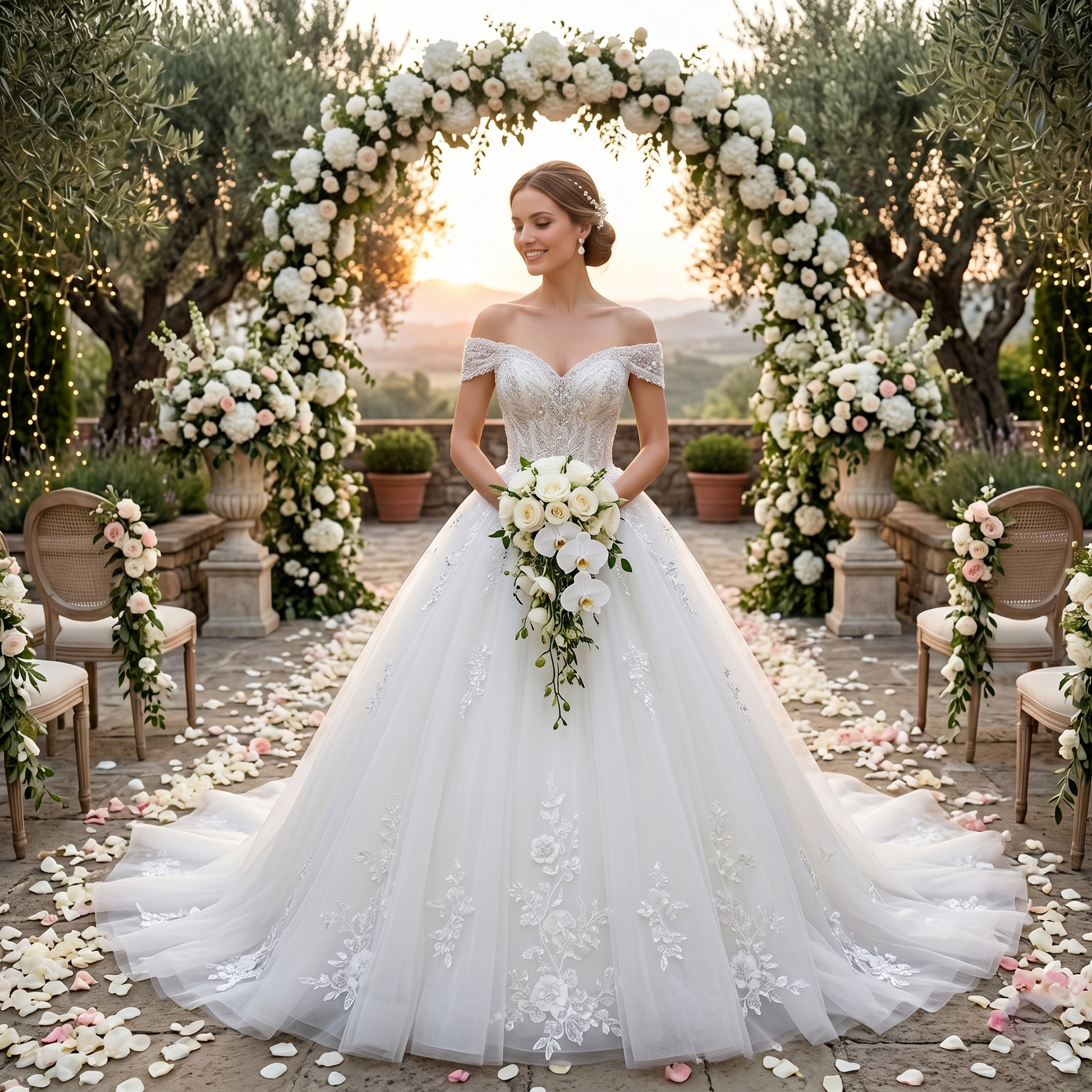 Elegant bride wearing a sparkly white off-the-shoulder princess wedding dress with a sequined beaded bodice under a white floral archway at a garden ceremony.