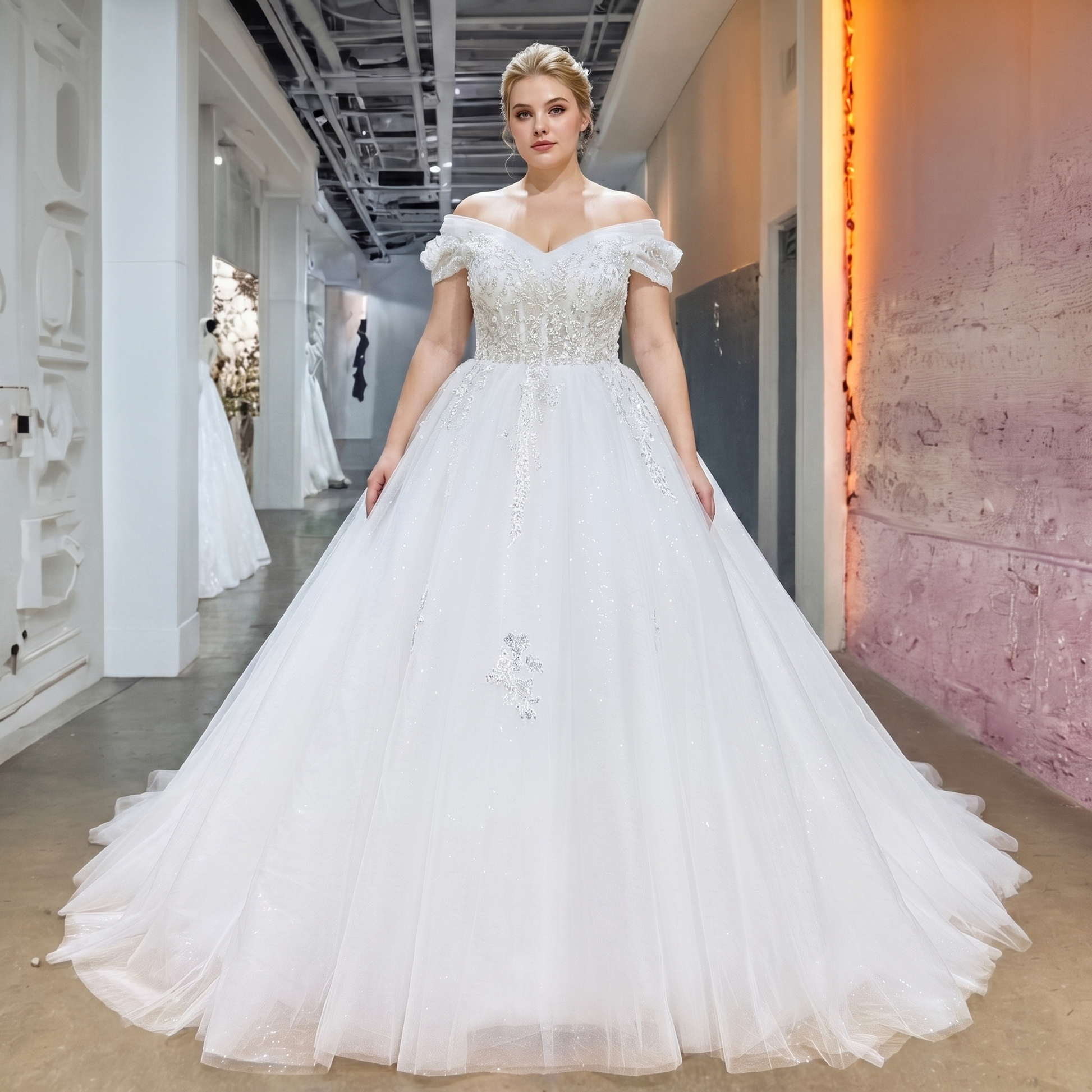 Plus size bridal model showcasing a shimmering white tulle ball gown princess wedding dress with a heavily beaded sweetheart bodice in a showroom hallway.