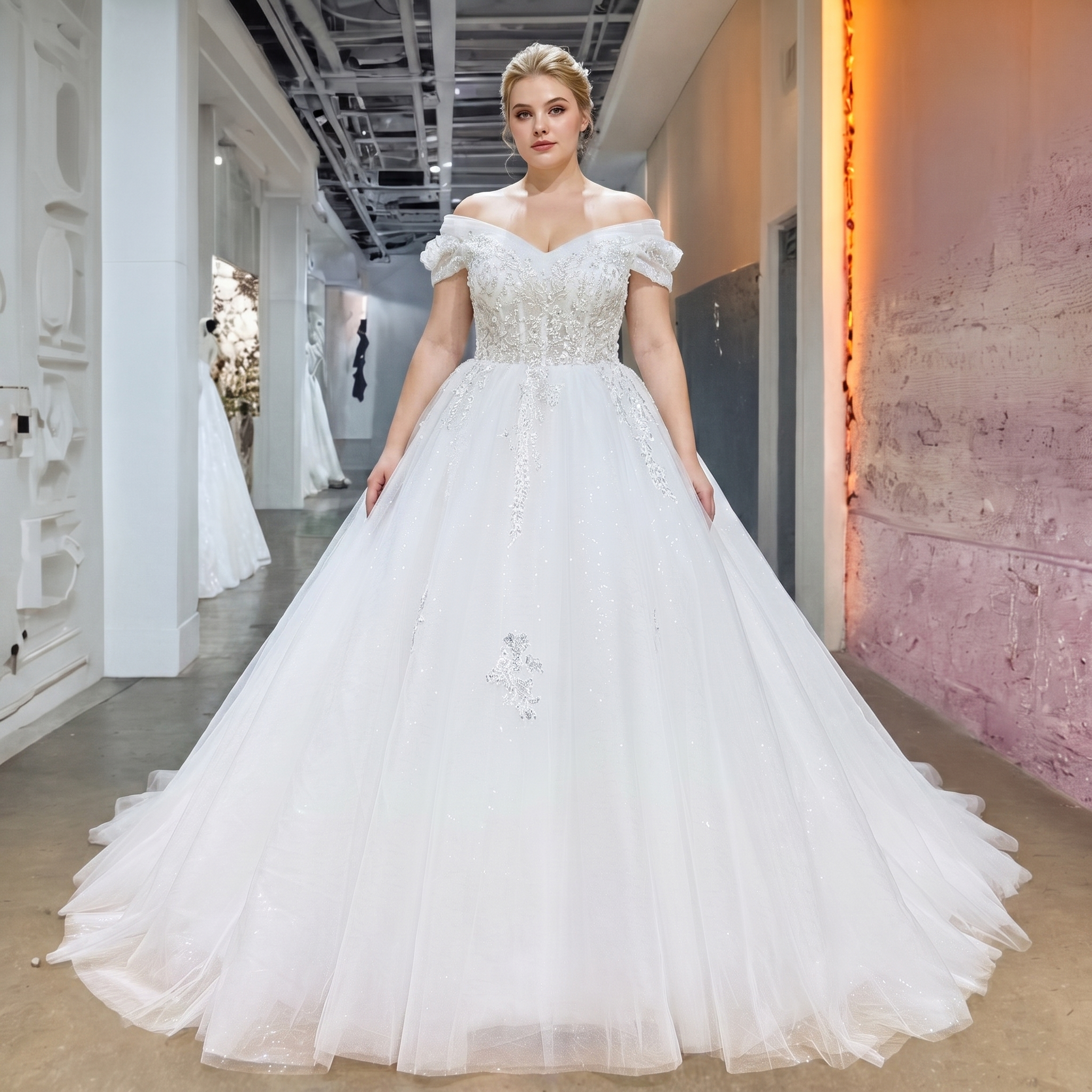 Plus size bridal model showcasing a shimmering white tulle ball gown princess wedding dress with a heavily beaded sweetheart bodice in a showroom hallway.