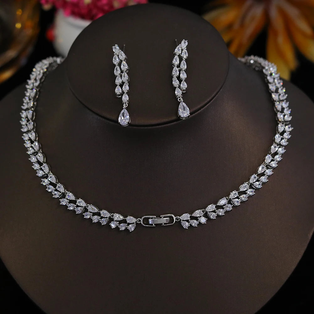 Rear view of a silver wedding necklace showing the secure clasp closure and matching cubic zirconia drop earrings.