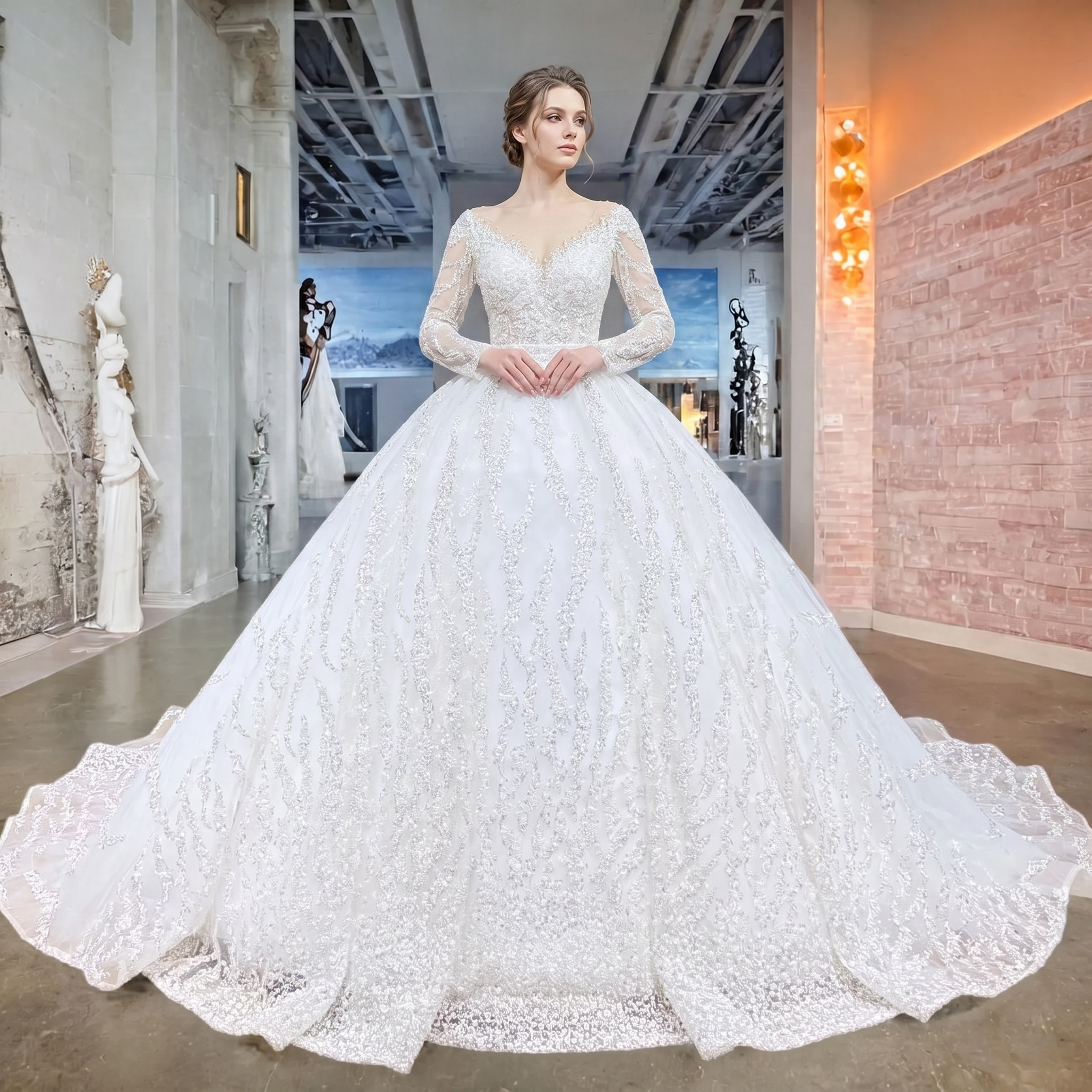 Front view of an elegant model wearing a white shiny beaded ball gown wedding dress with long sleeves and shimmering sequin patterns in a luxury bridal showroom.