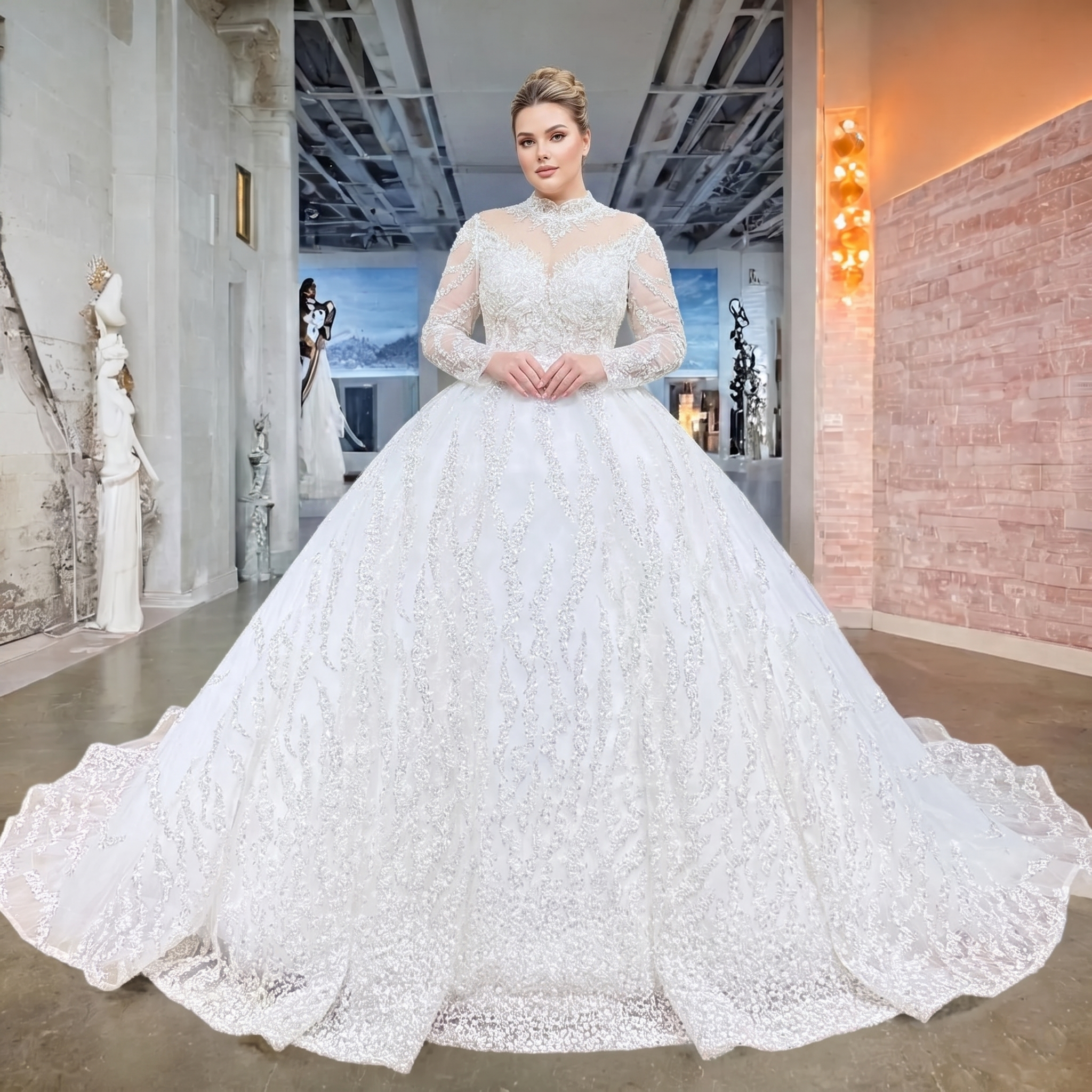 Front view of an elegant model wearing a white shiny beaded ball gown wedding dress with long sleeves and shimmering sequin patterns in a luxury bridal showroom.