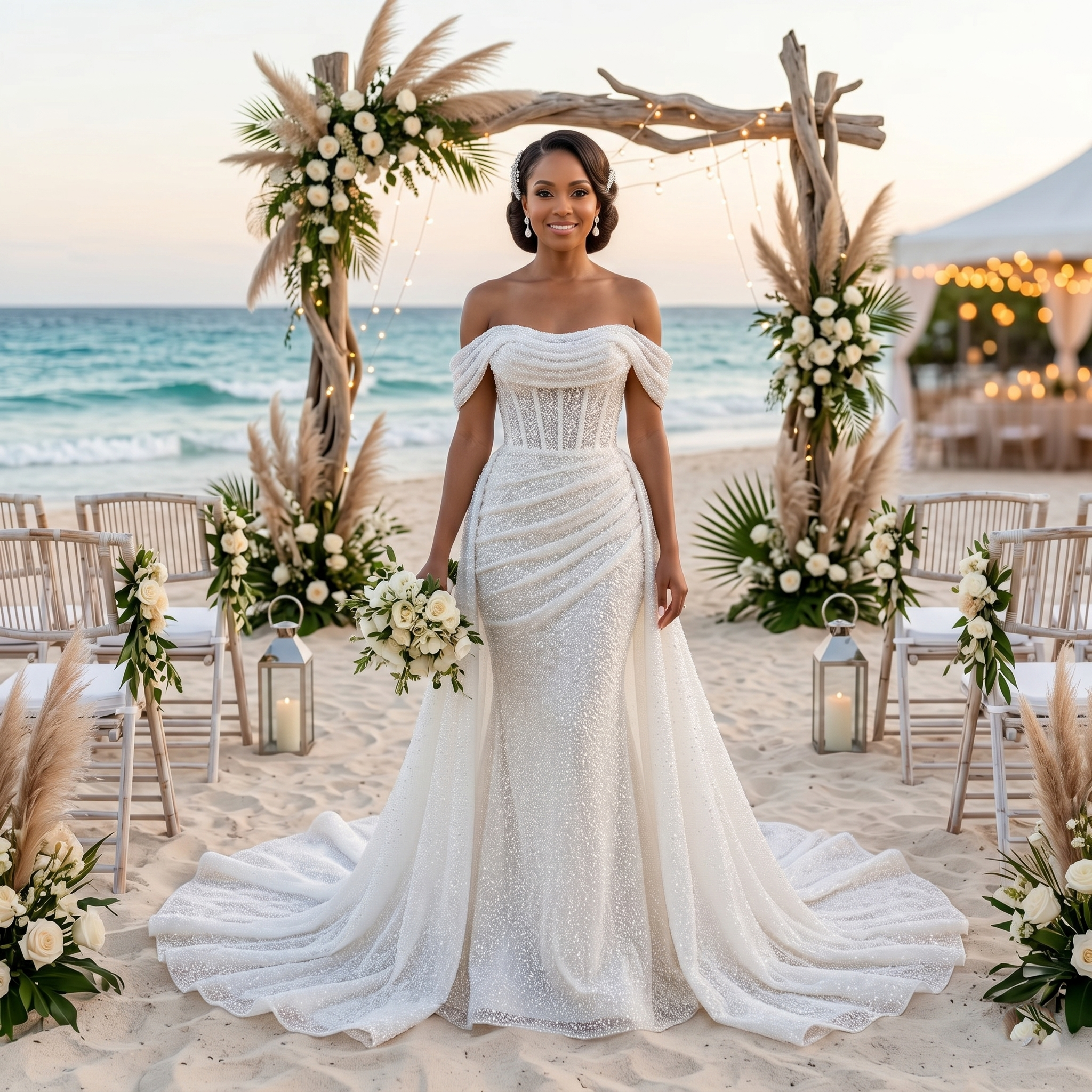 Glamorous bride wearing a shiny beaded off-the-shoulder mermaid wedding dress with a sheer corset bodice and detachable tulle train at a luxury beach ceremony.