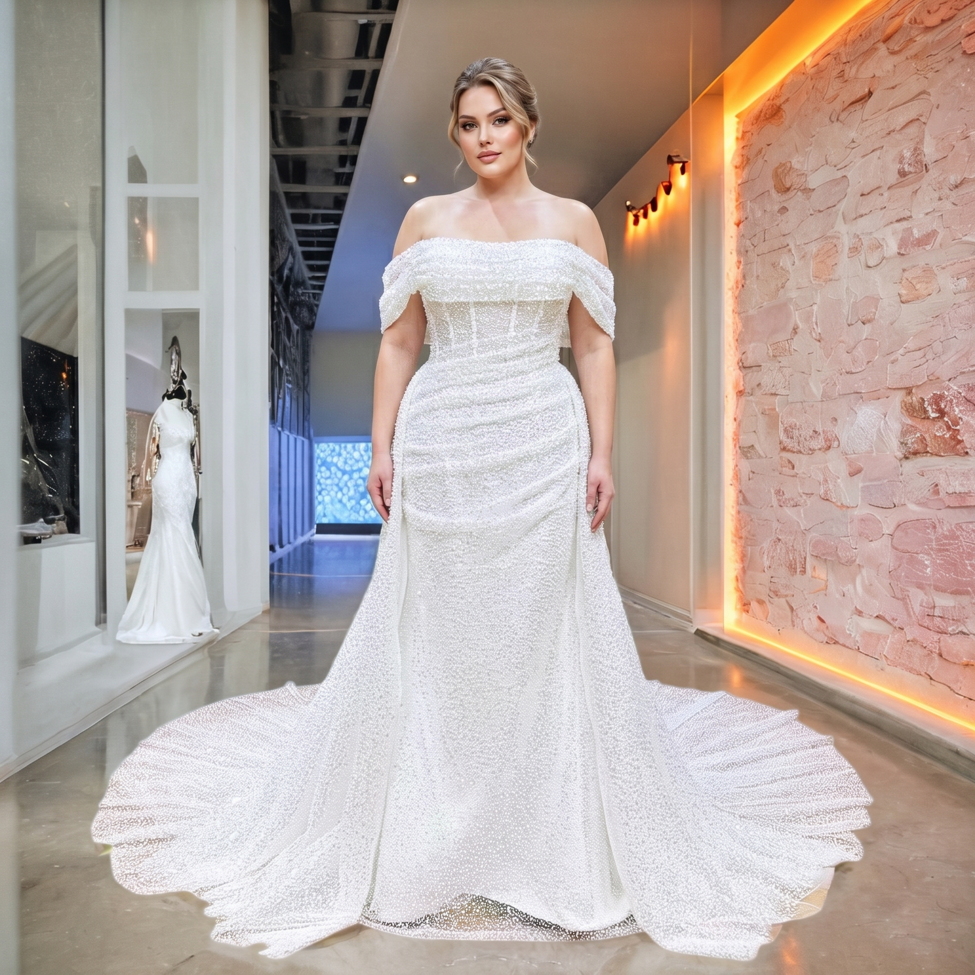 Plus size bridal model showcasing a heavily beaded white tulle mermaid wedding gown featuring a voluminous detachable overskirt train in a showroom.