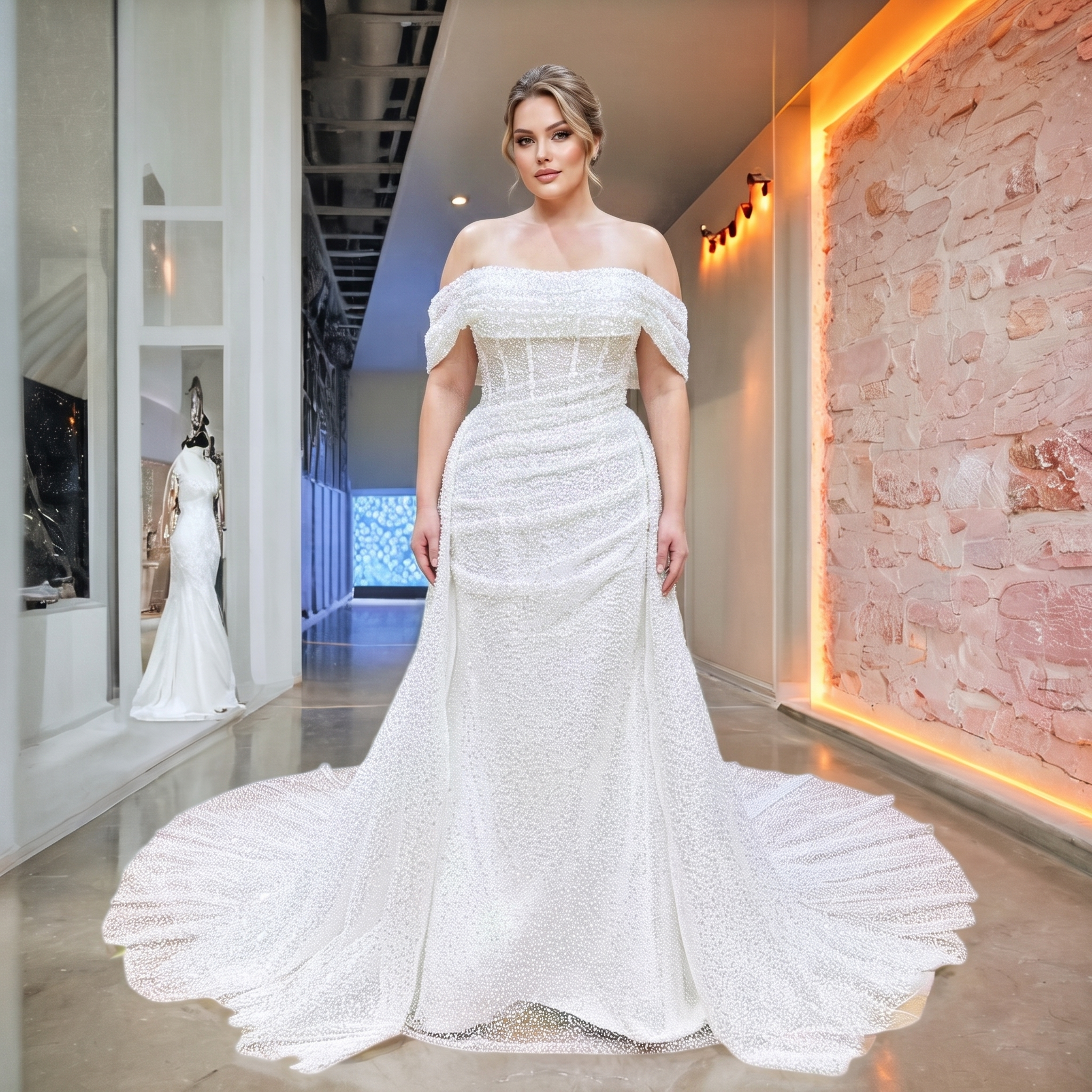 Plus size bridal model showcasing a heavily beaded white tulle mermaid wedding gown featuring a voluminous detachable overskirt train in a showroom.