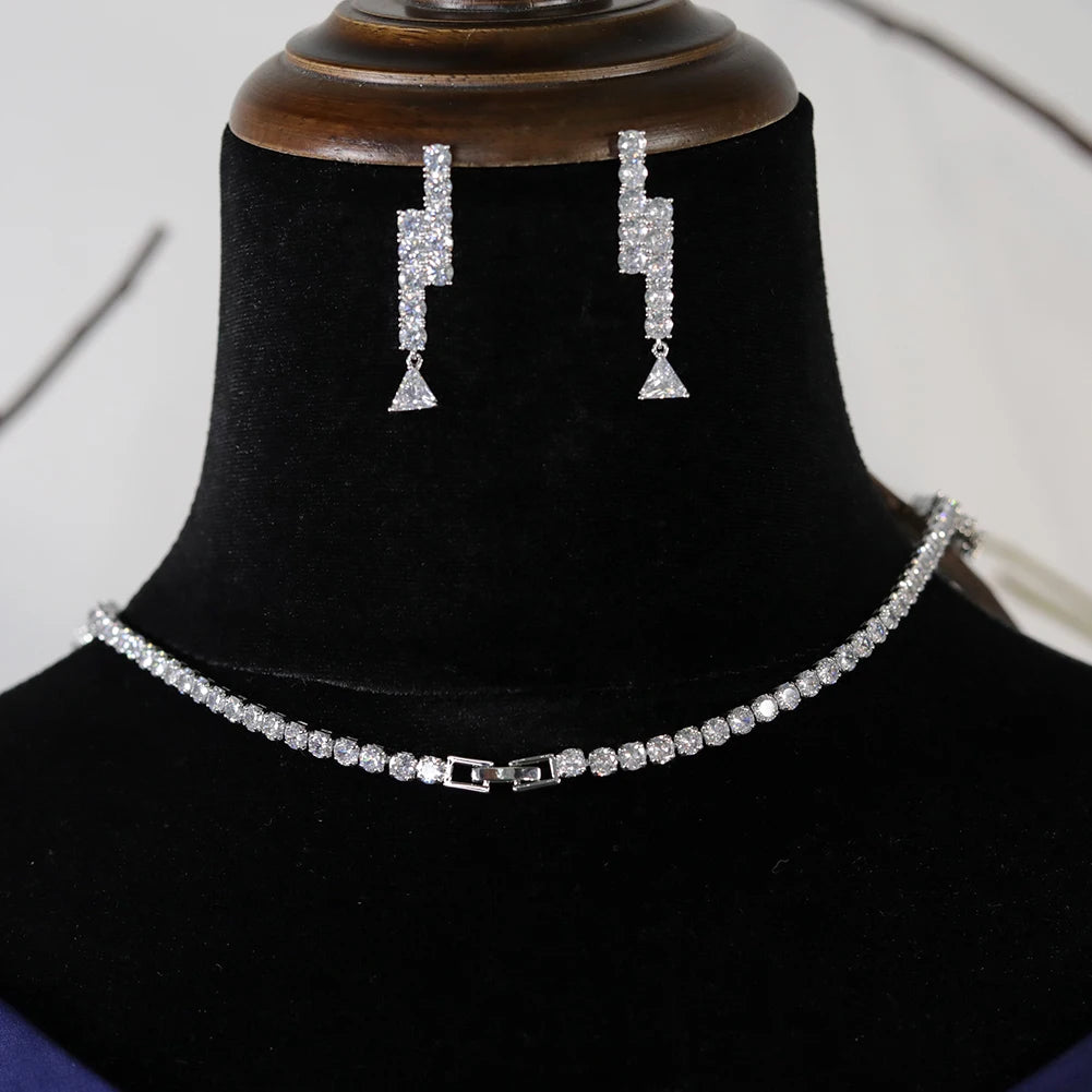 Rear angle view showcasing the secure link clasp of the shiny round-cut cubic zirconia bridal tennis necklace chain.