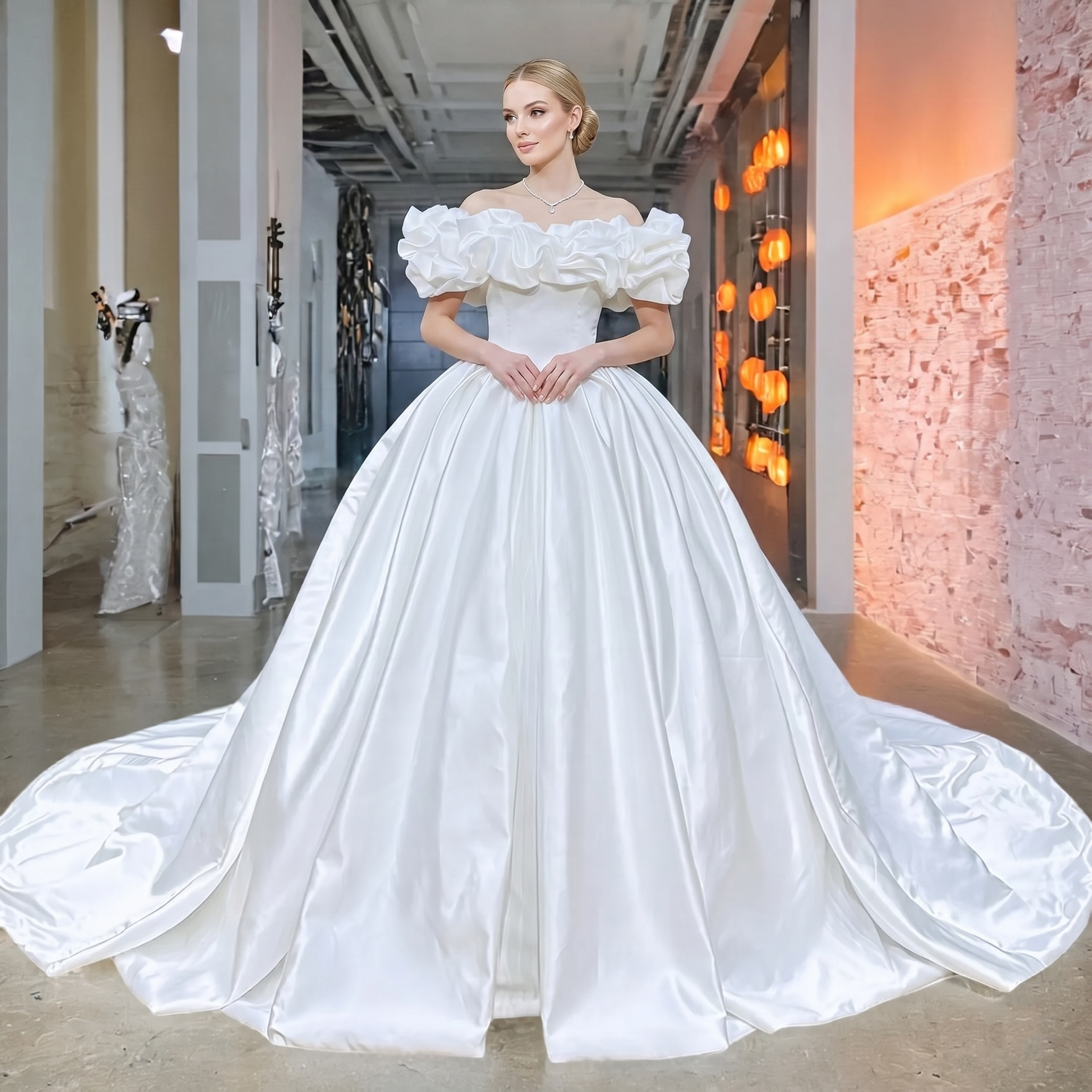 Front view of an elegant model in a matte satin ball gown wedding dress featuring a ruffled off-the-shoulder neckline and a voluminous, sweeping skirt.