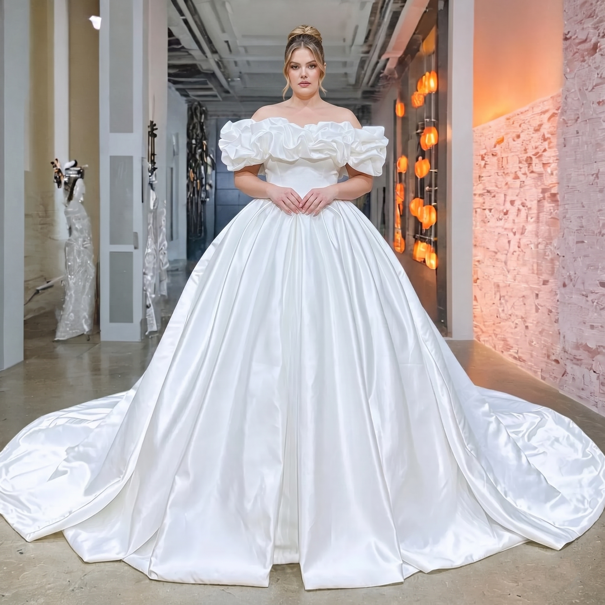 Beautiful plus-size model wearing a short sleeve matte satin ball gown bridal dress with dramatic ruffles and a full cathedral train.