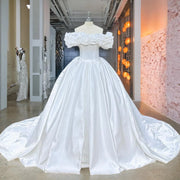 Short Sleeve Satin Ball Gown Wedding Dress with Lace Up Back and Matte Finish
