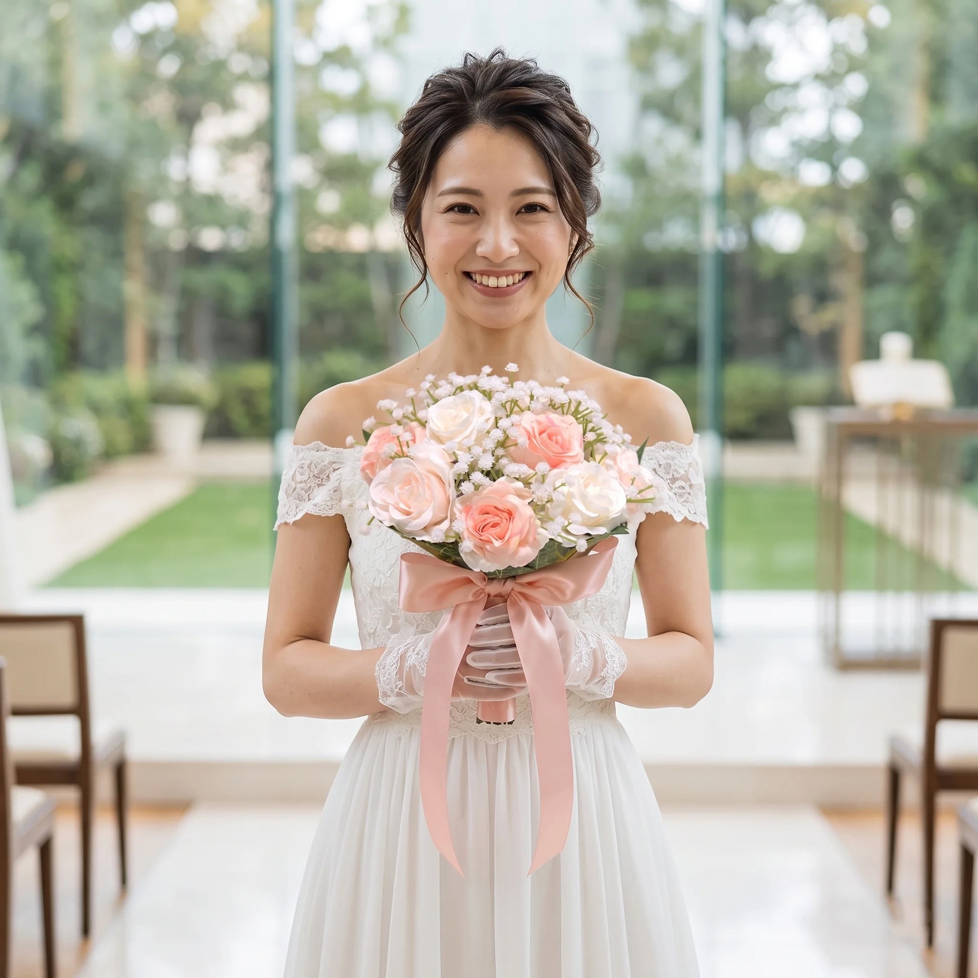 Smiling bride wearing an off-the-shoulder lace dress and holding an elegant silk peony rose wedding bouquet with light pink and white flowers.