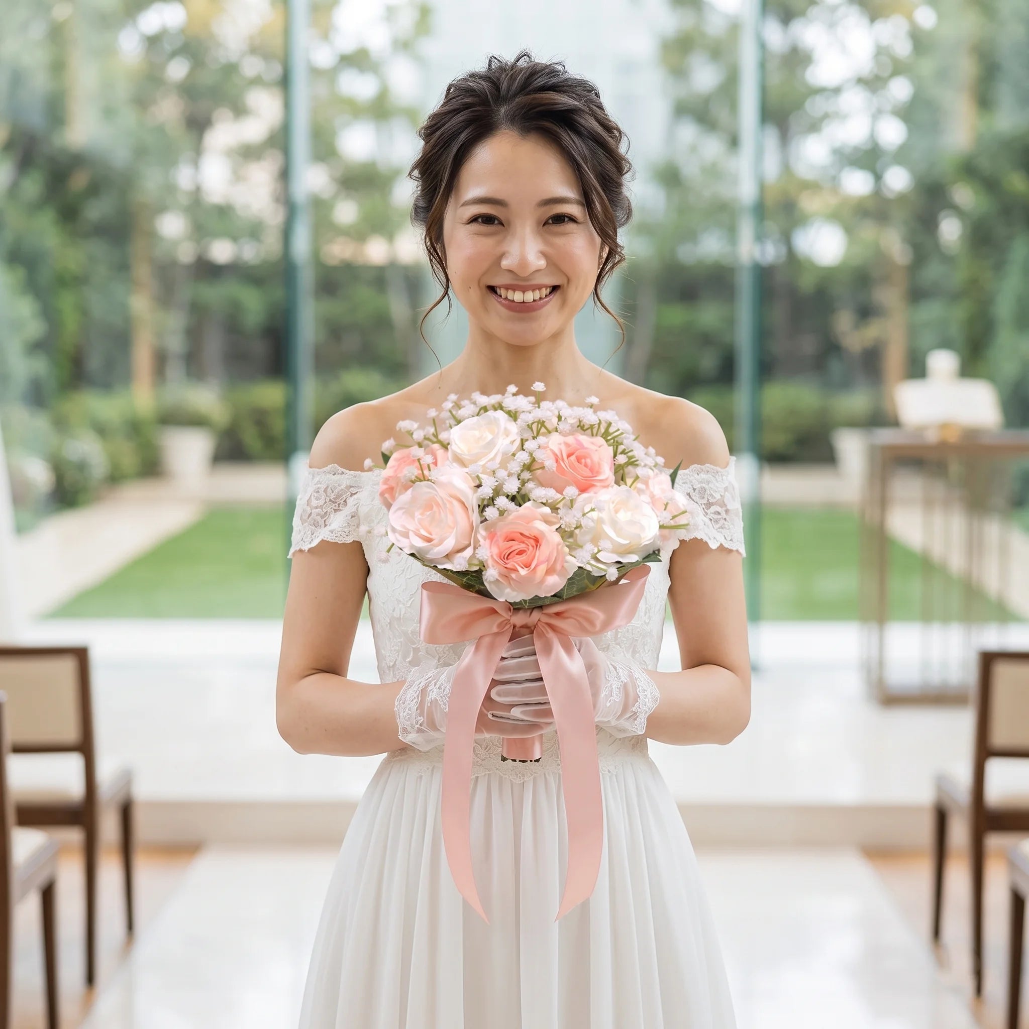 Smiling bride wearing an off-the-shoulder lace dress and holding an elegant silk peony rose wedding bouquet with light pink and white flowers.