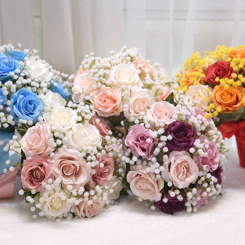 Multiple bridesmaid and bridal party wedding bouquets showcased together in assorted color options including blue, purple, peach, and orange.