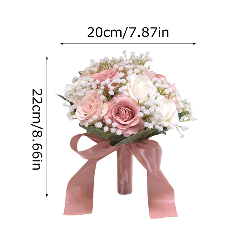 Product measurement diagram for the silk peony rose wedding bouquet indicating a width of 20cm (7.87in) and a height of 22cm (8.66in).