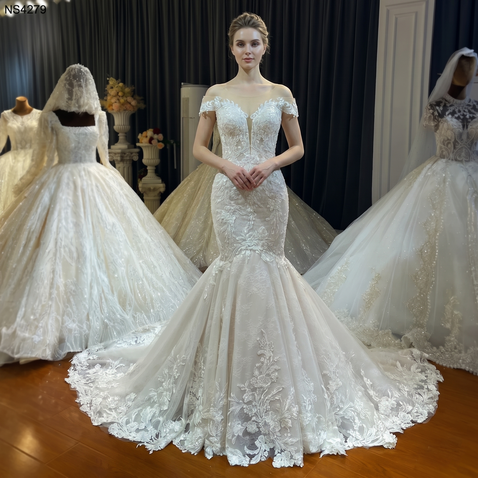 Front view of an elegant model wearing a simple beach-style light mermaid wedding dress with an illusion plunging neckline, delicate lace cap sleeves, and a flowy train.