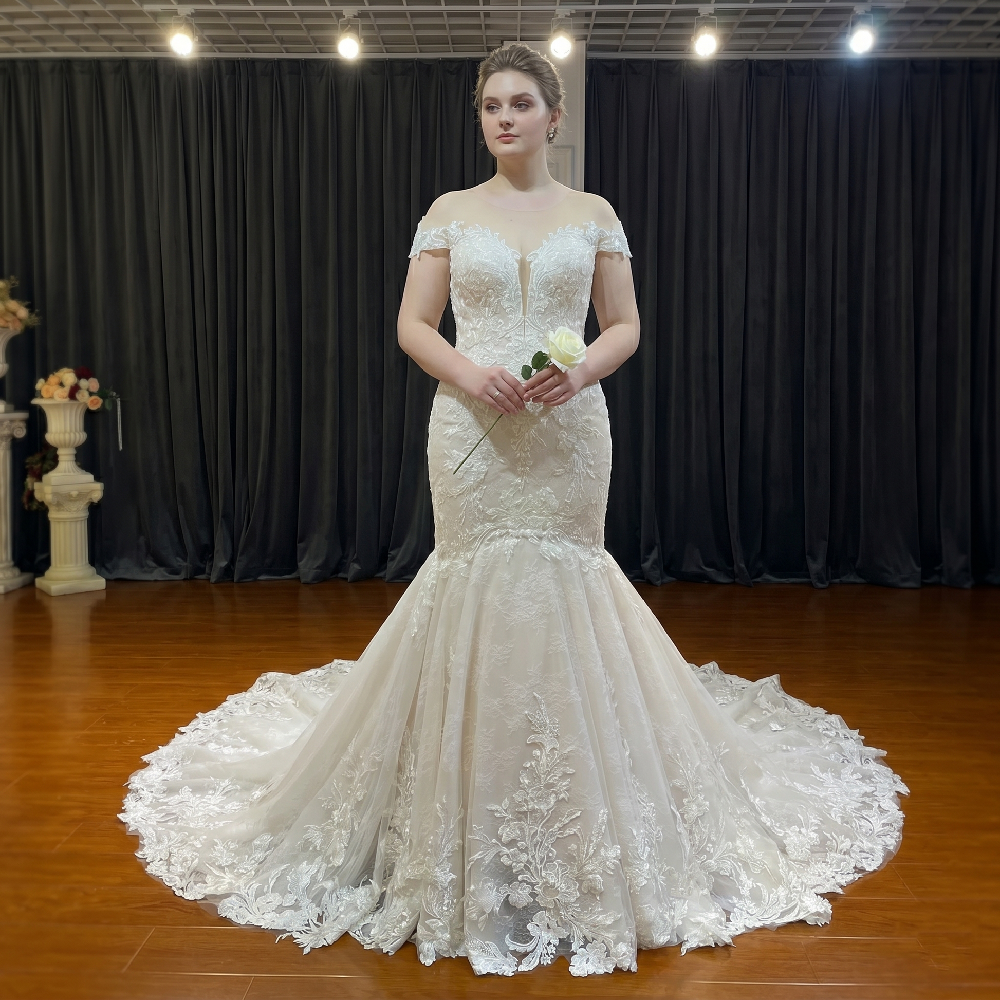 A plus-size model wearing a beautiful light and flowy beach-style mermaid wedding gown, holding a single white rose.