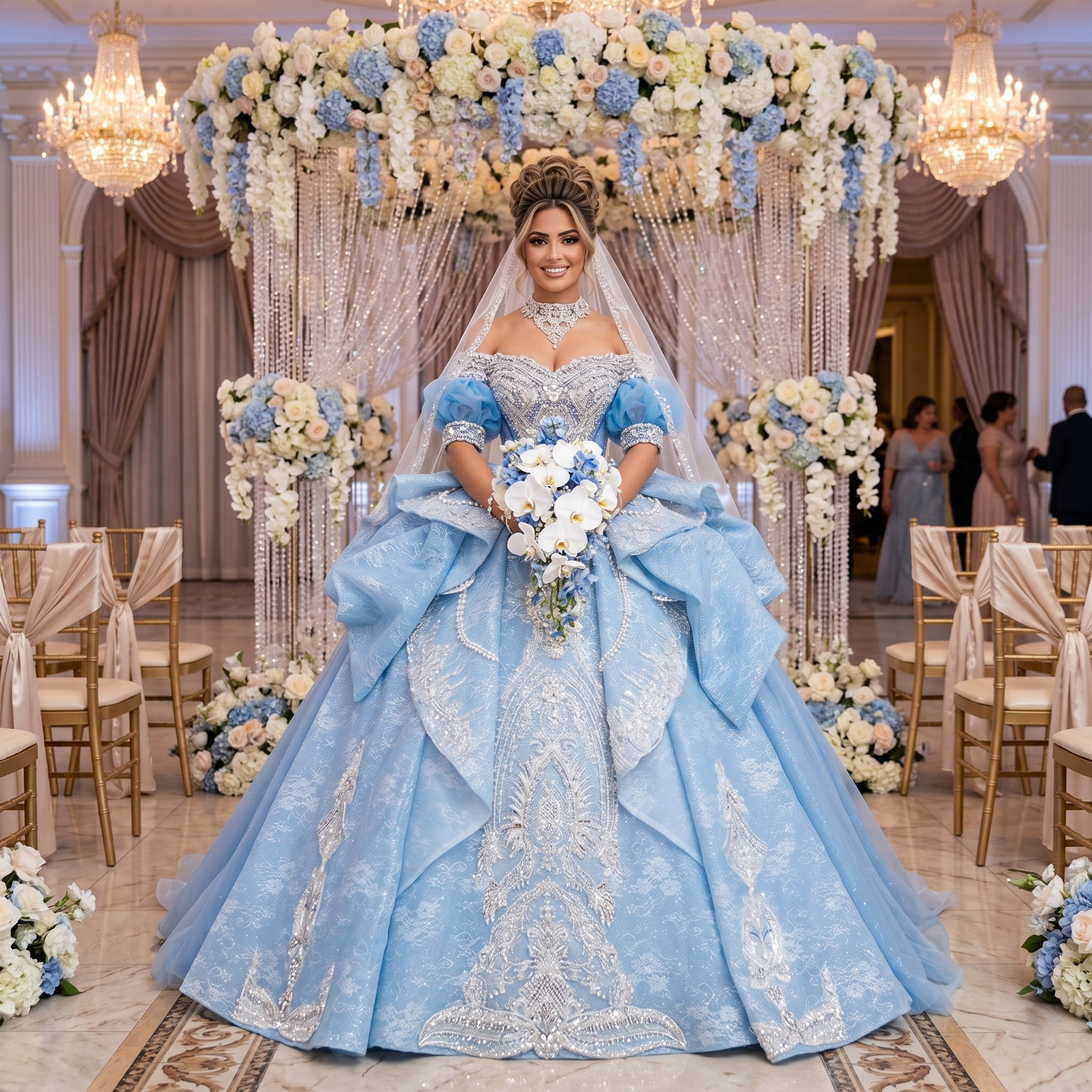 Bride wearing a luxury sky blue Cinderella ball gown wedding dress with heavy silver crystal embroidery and off-the-shoulder puff sleeves at an indoor ceremony.