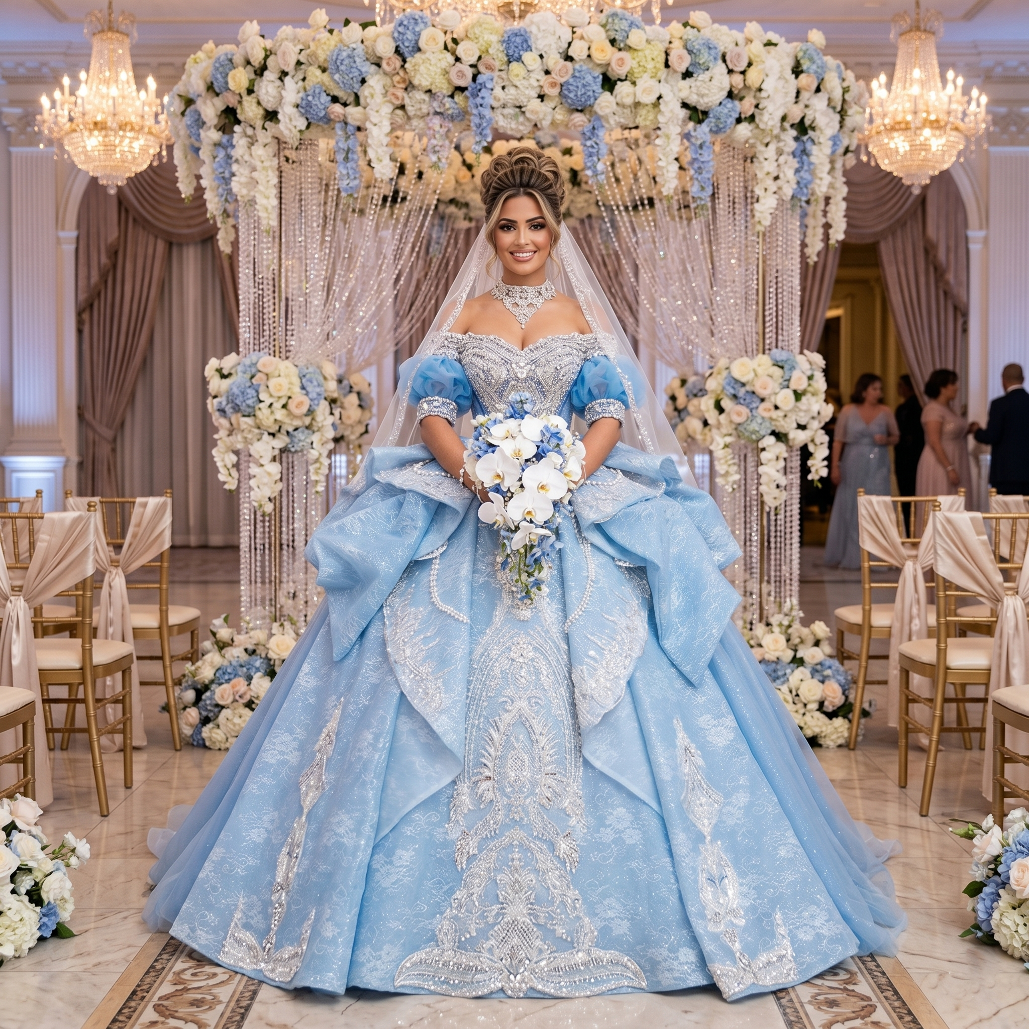 Bride wearing a luxury sky blue Cinderella ball gown wedding dress with heavy silver crystal embroidery and off-the-shoulder puff sleeves at an indoor ceremony.